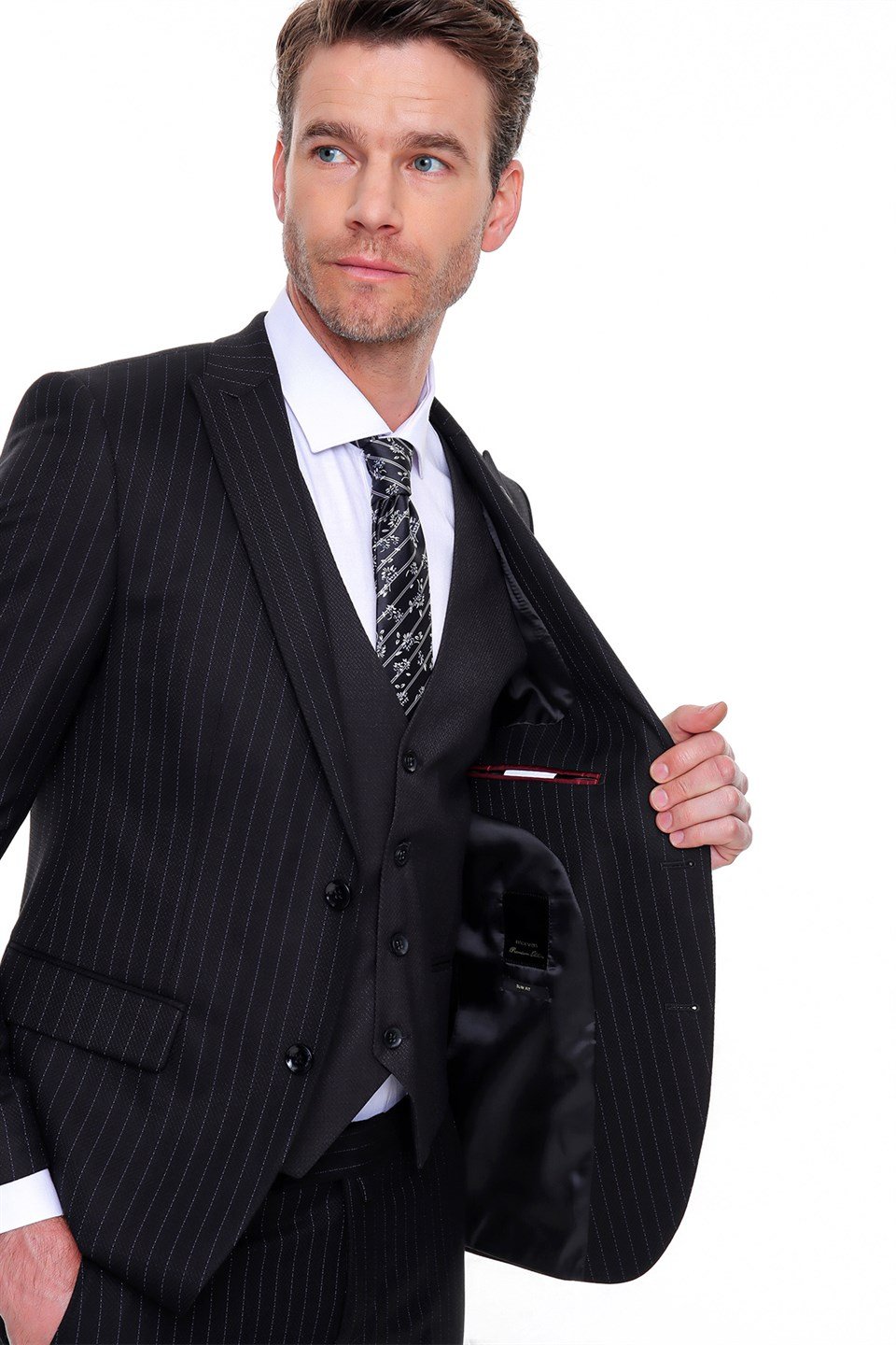  Morven Erkek Siyah Martez Çizgili Slim Fit Dar Kalıp Yelekli 6 Drop Takım Elbise