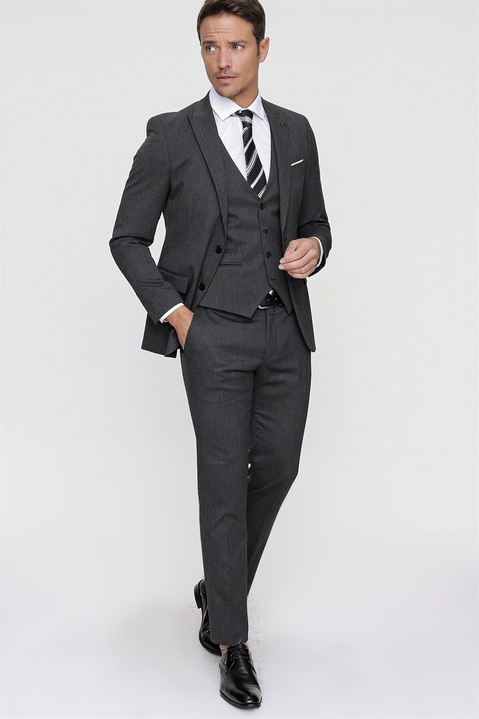  Morven Erkek Siyah Naval Slim Fit Dar Kesim Yelekli Pitikare 6 Drop Takım Elbise