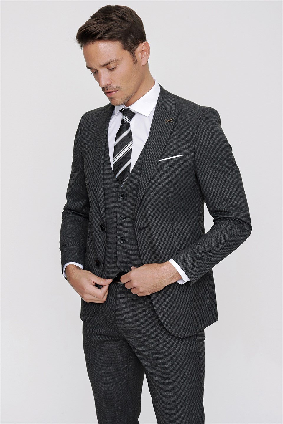  Morven Erkek Siyah Naval Slim Fit Dar Kesim Yelekli Pitikare 6 Drop Takım Elbise