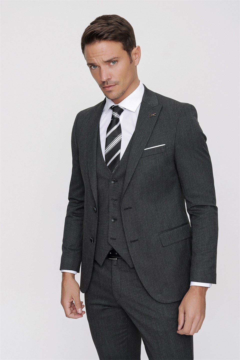  Morven Erkek Siyah Naval Slim Fit Dar Kesim Yelekli Pitikare 6 Drop Takım Elbise