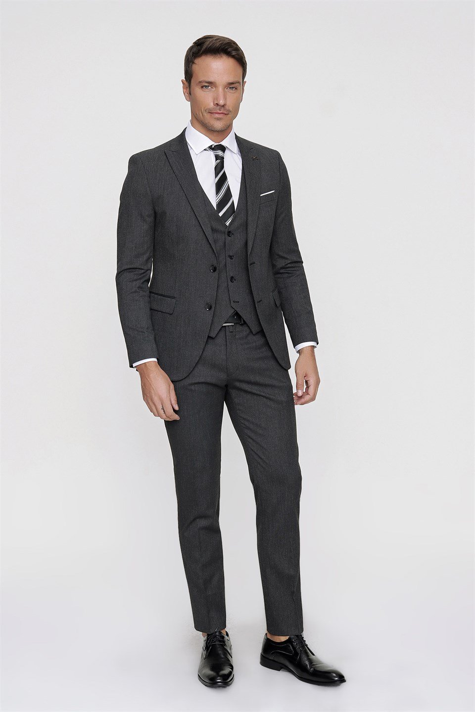  Morven Erkek Siyah Naval Slim Fit Dar Kesim Yelekli Pitikare 6 Drop Takım Elbise