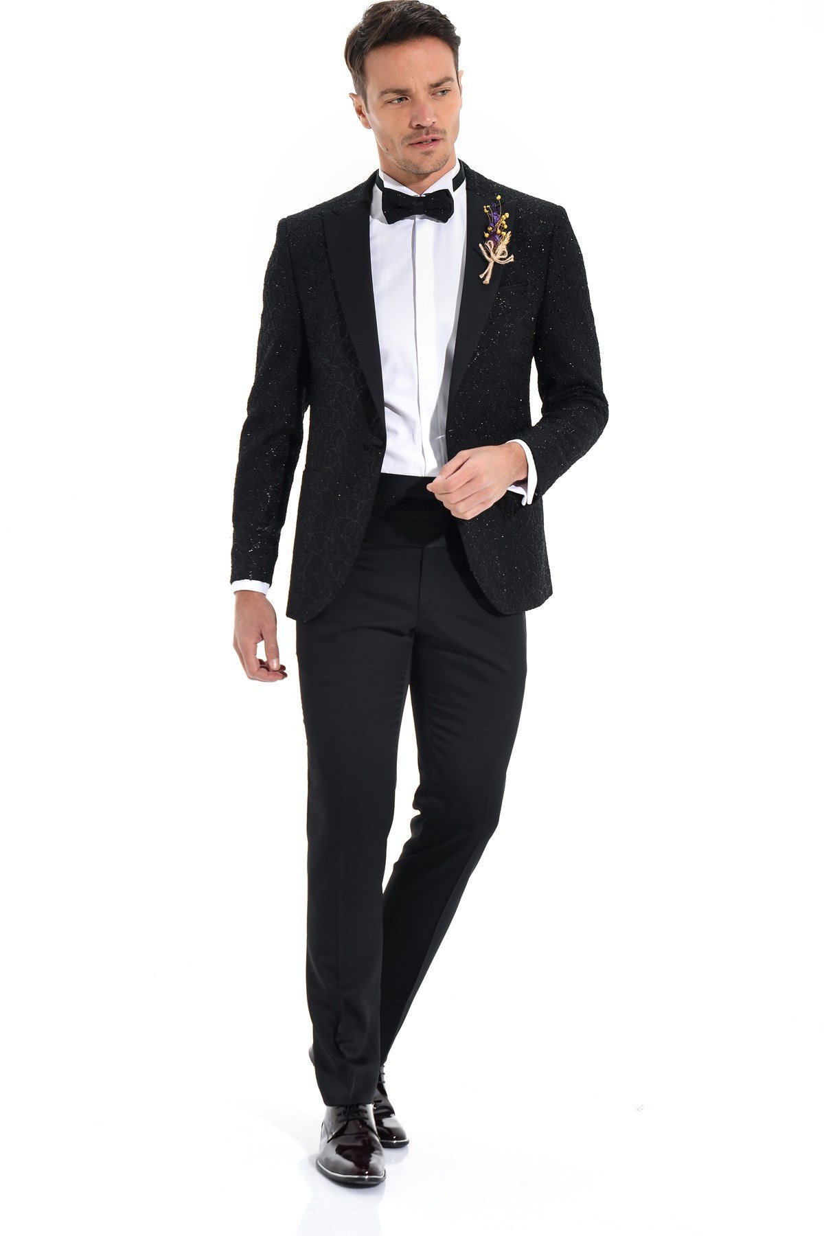  Morven Erkek Siyah Slim Fit Jakarlı Smokin