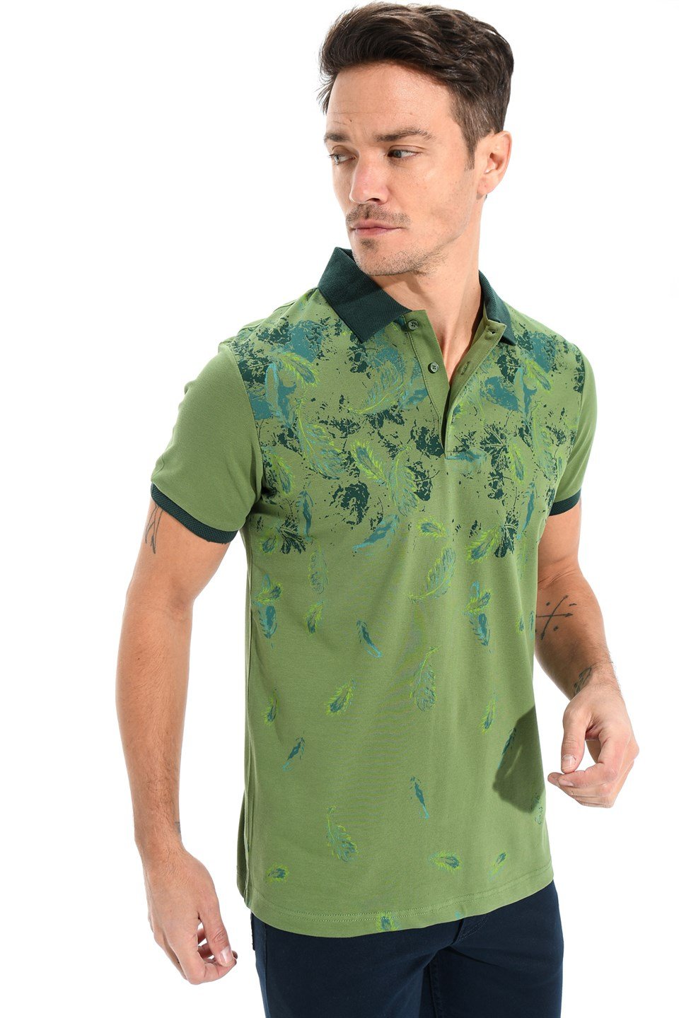  Morven Erkek Yeşil Polo Yaka Dynamic Fit Rahat Kesim Cepsiz Baskılı Pike T-shirt