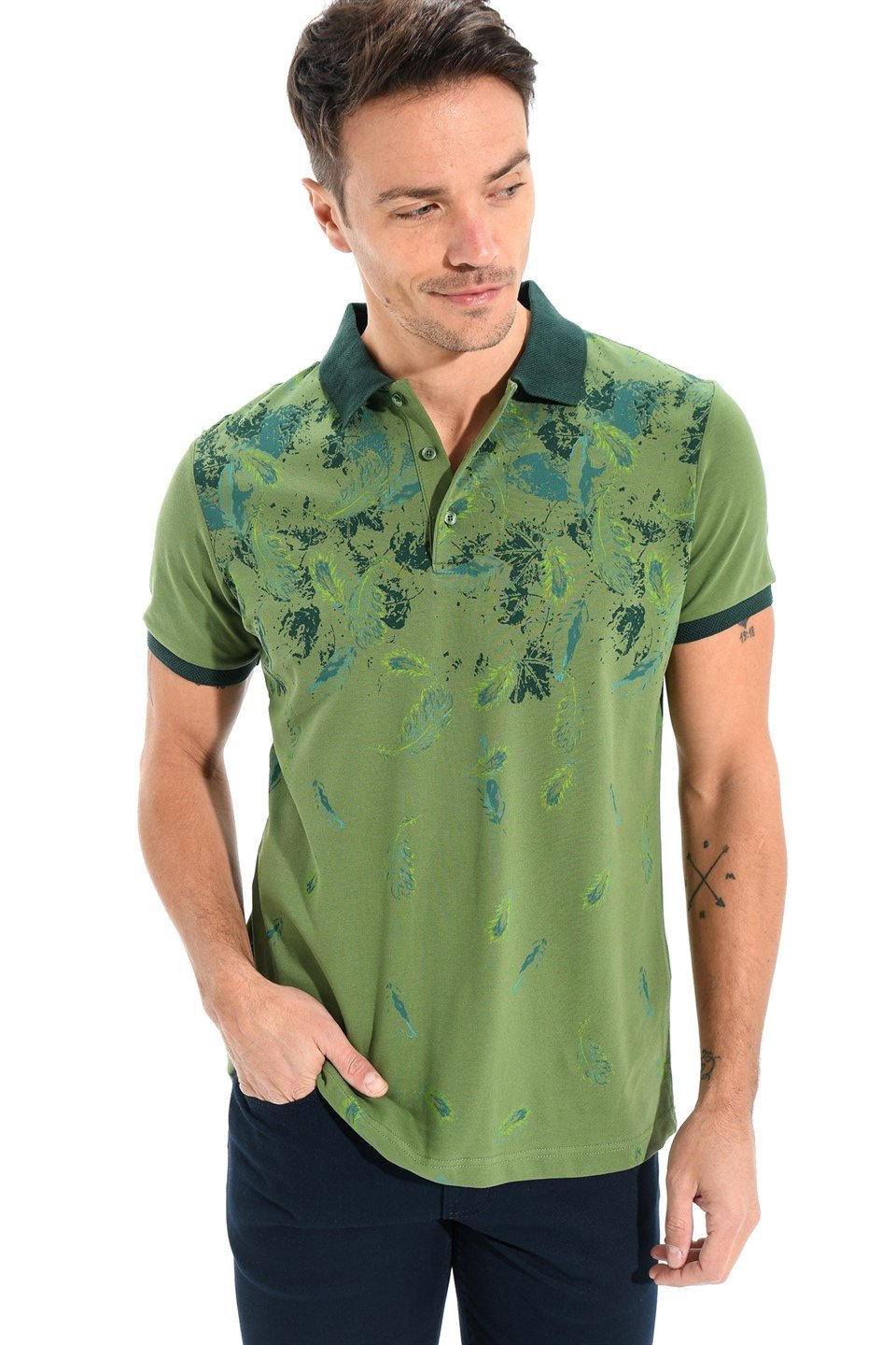  Morven Erkek Yeşil Polo Yaka Dynamic Fit Rahat Kesim Cepsiz Baskılı Pike T-shirt
