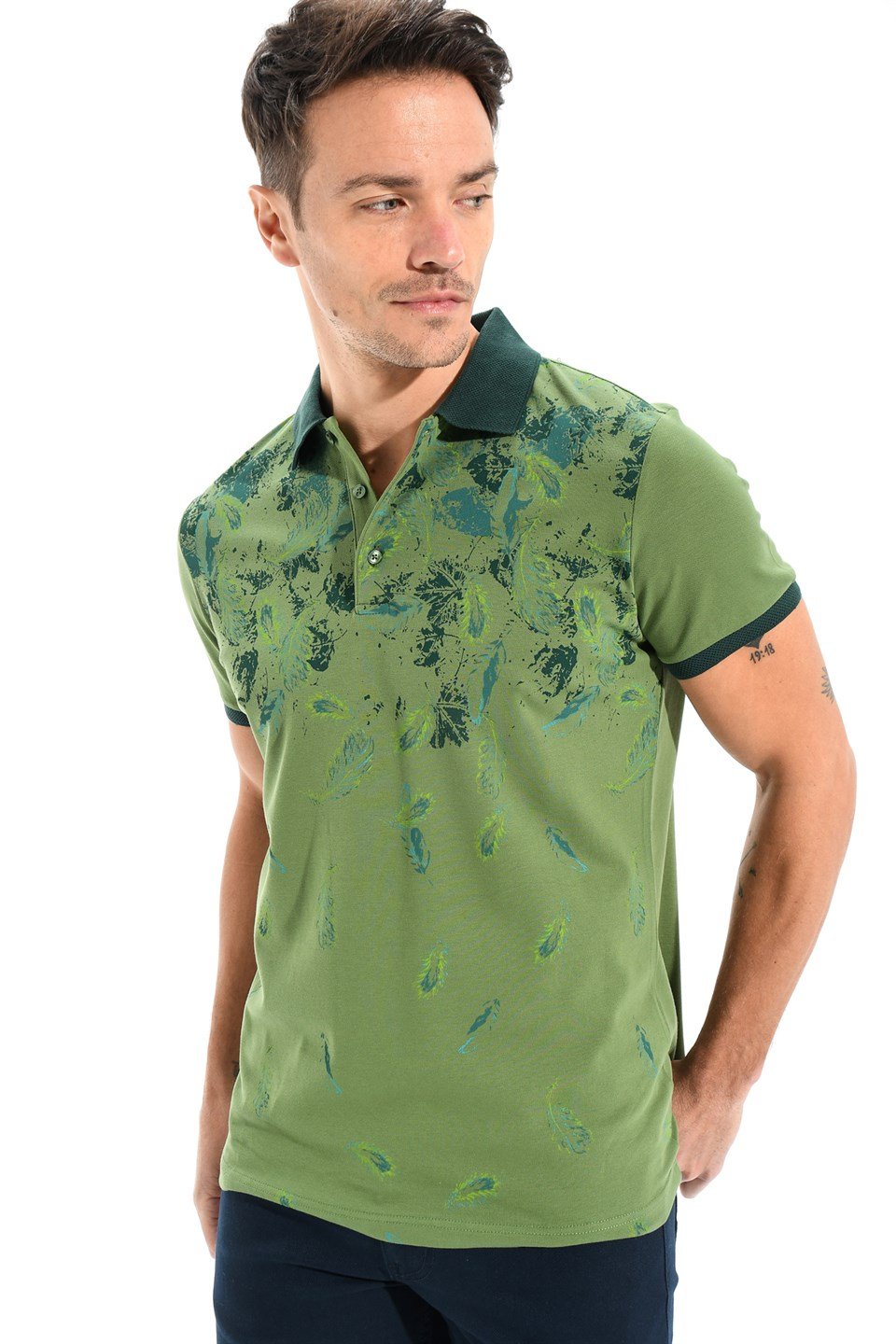  Morven Erkek Yeşil Polo Yaka Dynamic Fit Rahat Kesim Cepsiz Baskılı Pike T-shirt