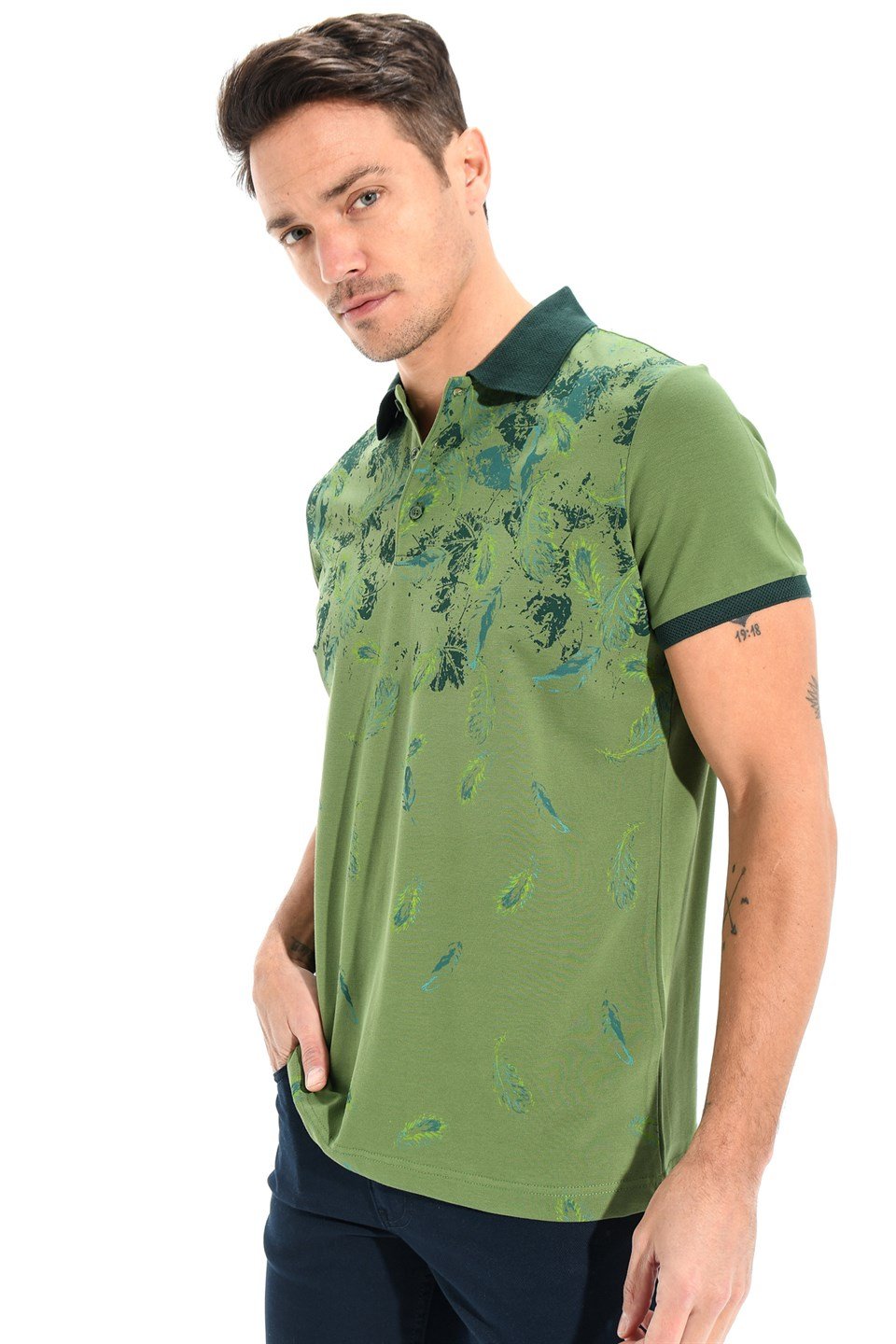  Morven Erkek Yeşil Polo Yaka Dynamic Fit Rahat Kesim Cepsiz Baskılı Pike T-shirt