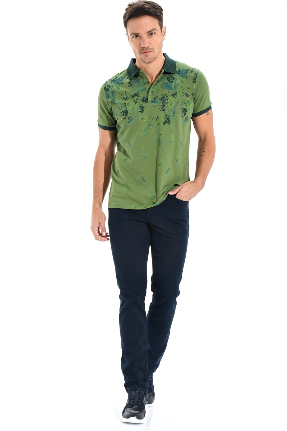  Morven Erkek Yeşil Polo Yaka Dynamic Fit Rahat Kesim Cepsiz Baskılı Pike T-shirt