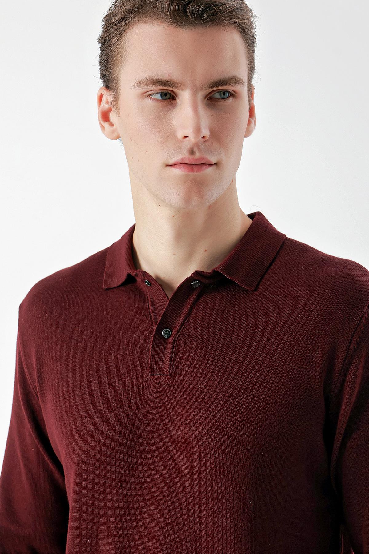 Bordo Basic Dinamik Fit Rahat Kesim Polo Yaka HEDİYE KUTULU Triko Kazak