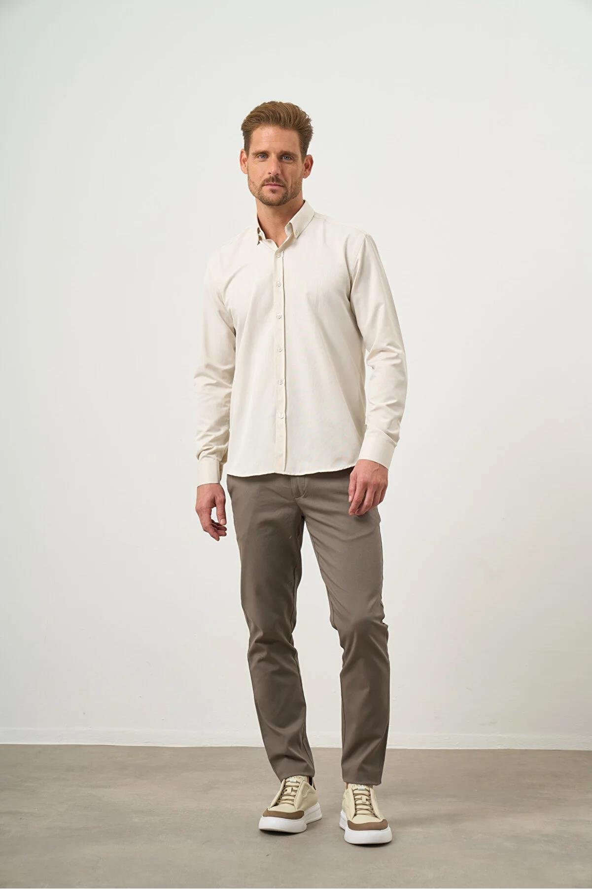 Düğmeli Yaka Kolay Ütülenebilir Oxford Pamuklu Slim Fit Gömlek