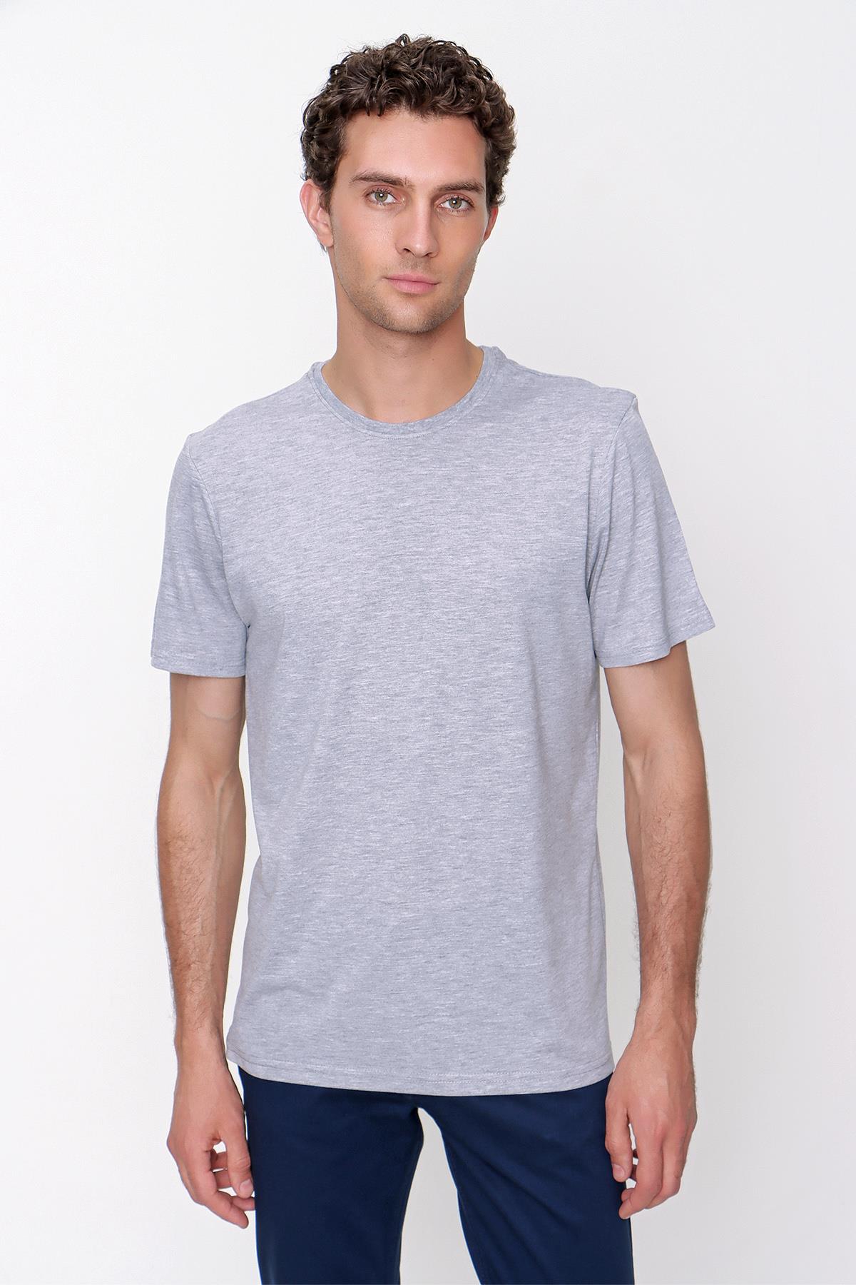 Erkek Gri Basic Düz %100 Pamuk Bisiklet Yaka Slim Fit Dar Kesim Kısa Kollu Tişört