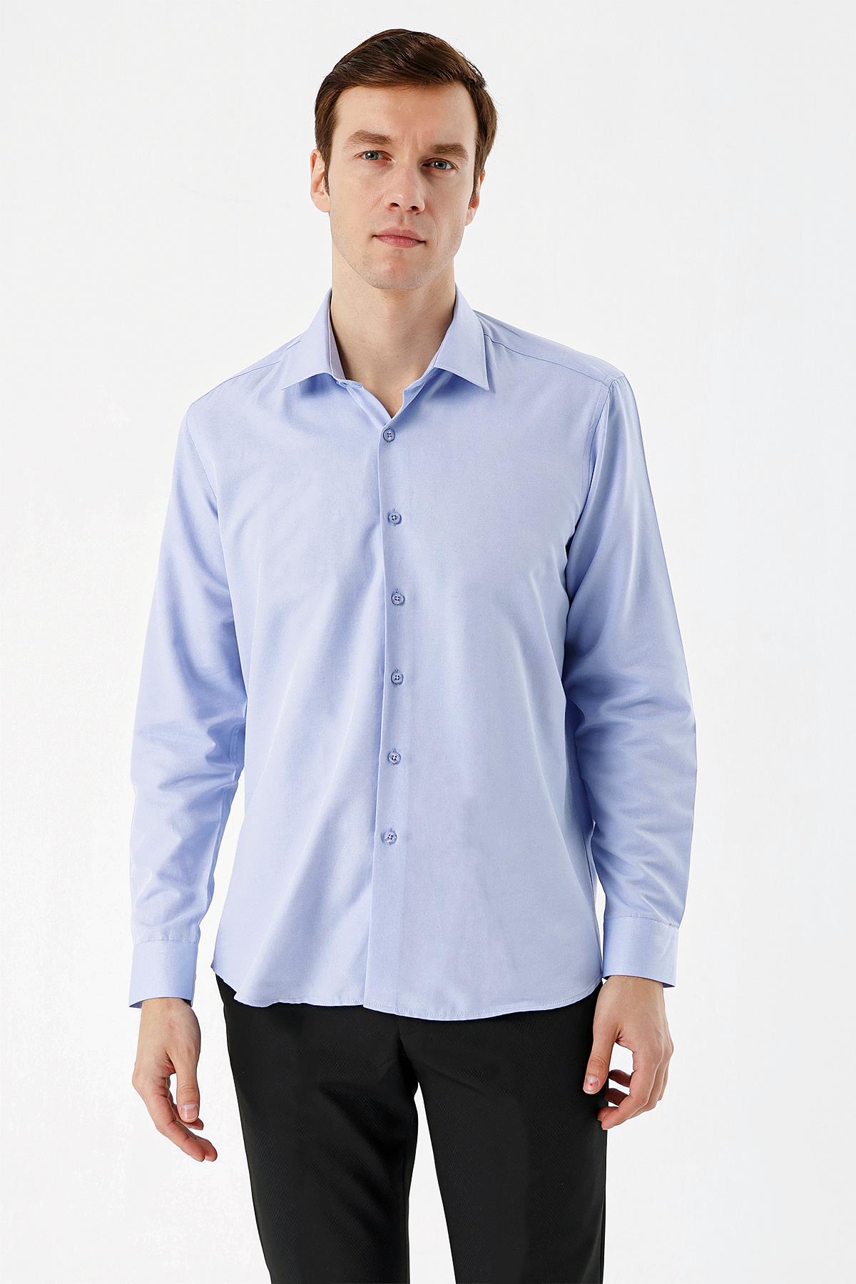 Erkek Mavi Slim Fit Dar Kesim Düz Sert Yaka Uzun Kollu Gömlek
