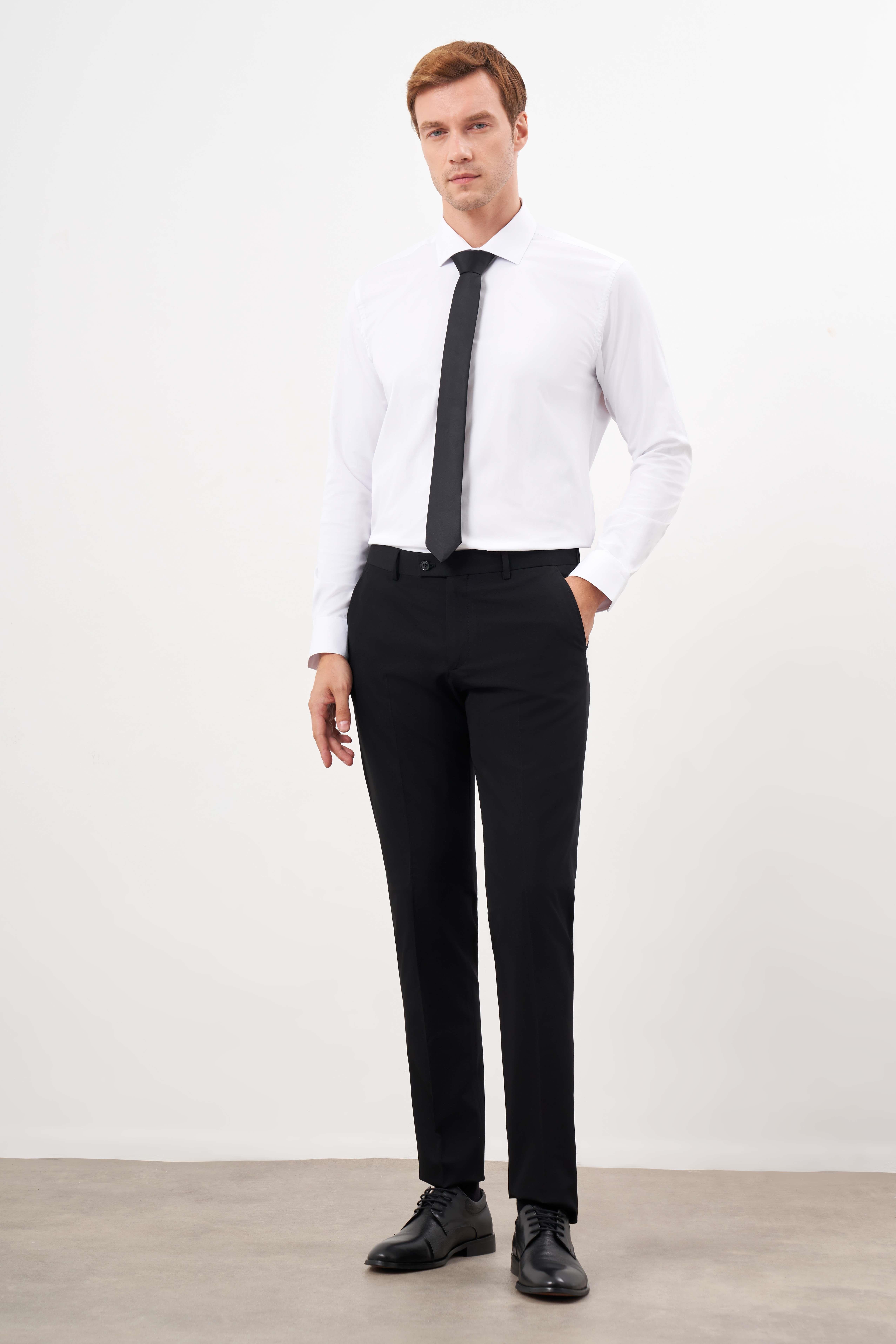 Erkek Siyah Basic Düz Slim Fit 3'lü Takım Elbise Slim Fit Gömlek Düz Kravat