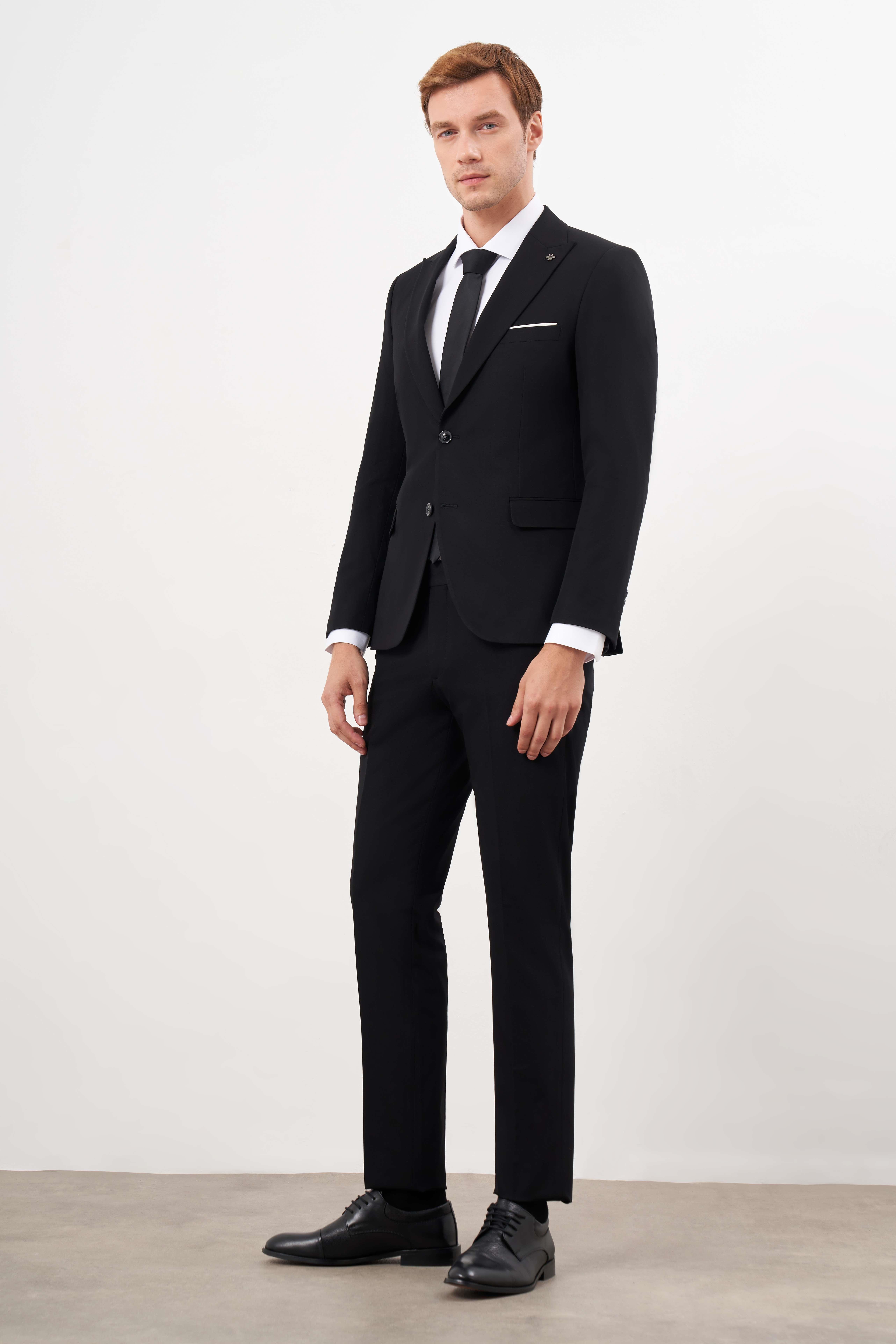Erkek Siyah Basic Düz Slim Fit 3'lü Takım Elbise Slim Fit Gömlek Düz Kravat