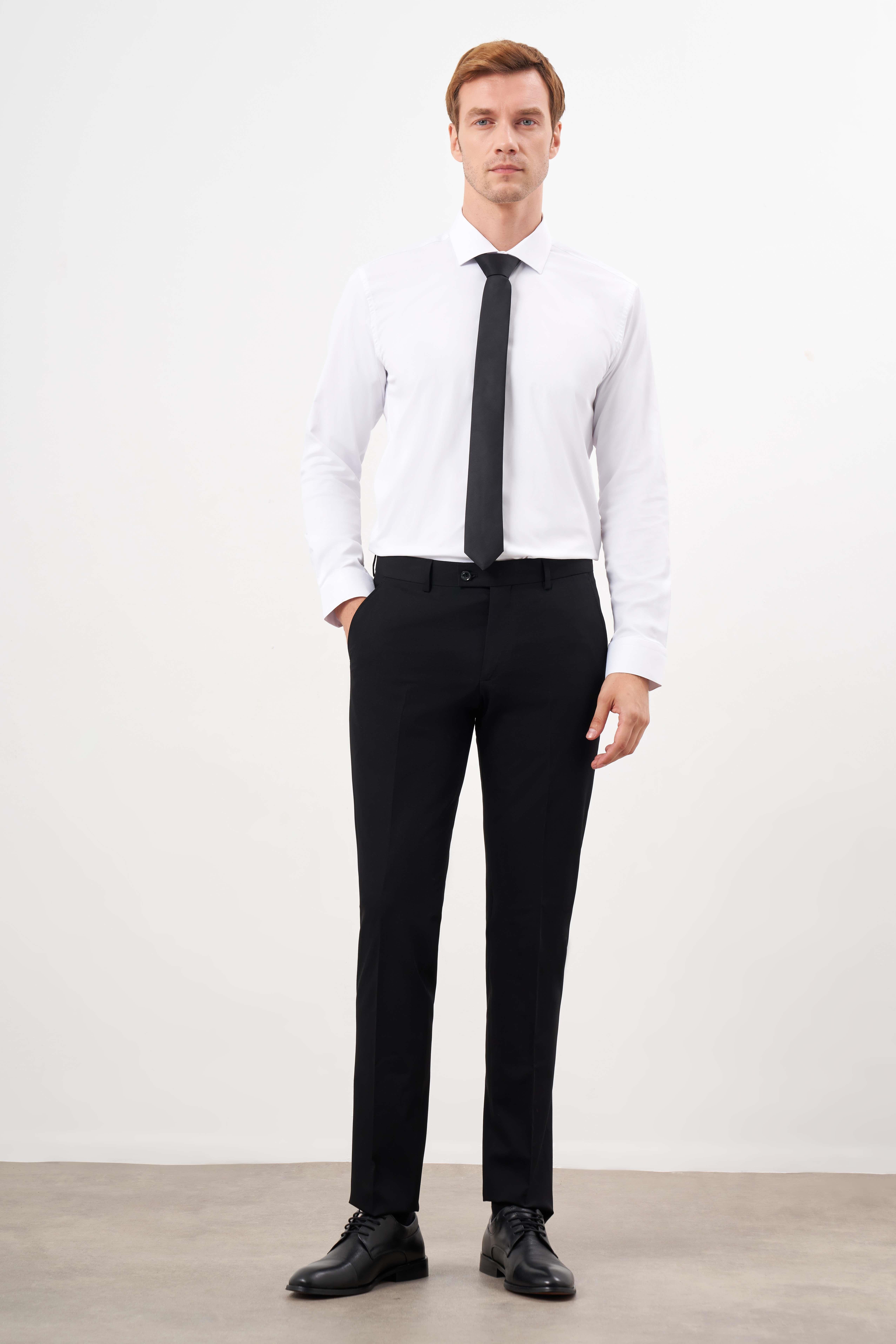 Erkek Siyah Basic Düz Slim Fit 3'lü Takım Elbise Slim Fit Gömlek Düz Kravat