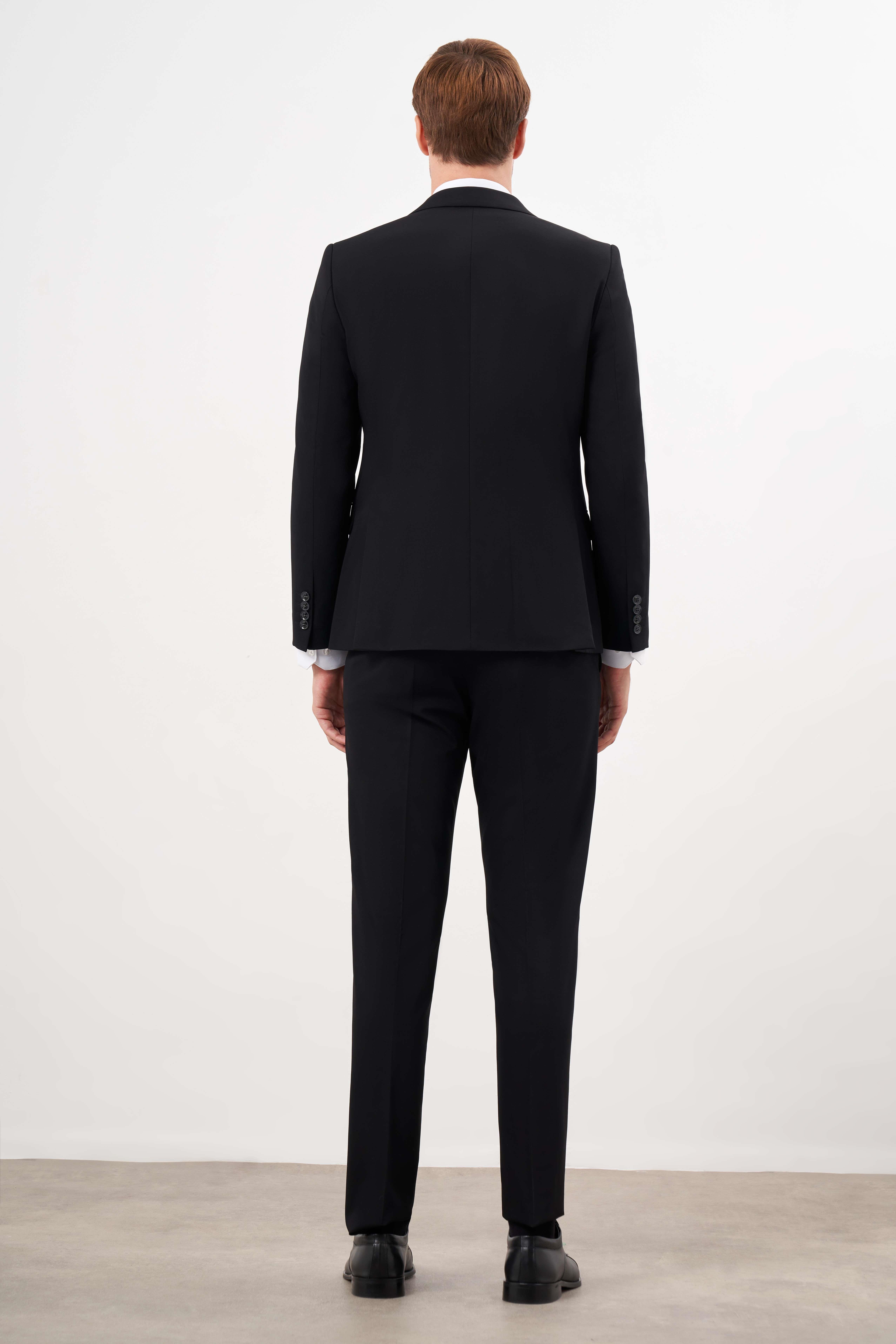 Erkek Siyah Basic Düz Slim Fit 3'lü Takım Elbise Slim Fit Gömlek Düz Kravat