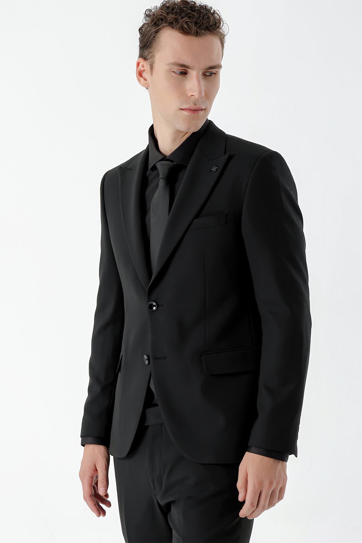 Erkek Siyah Basic Düz Slim Fit Takım Elbise (GÖMLEK,KRAVAT HEDİYE)