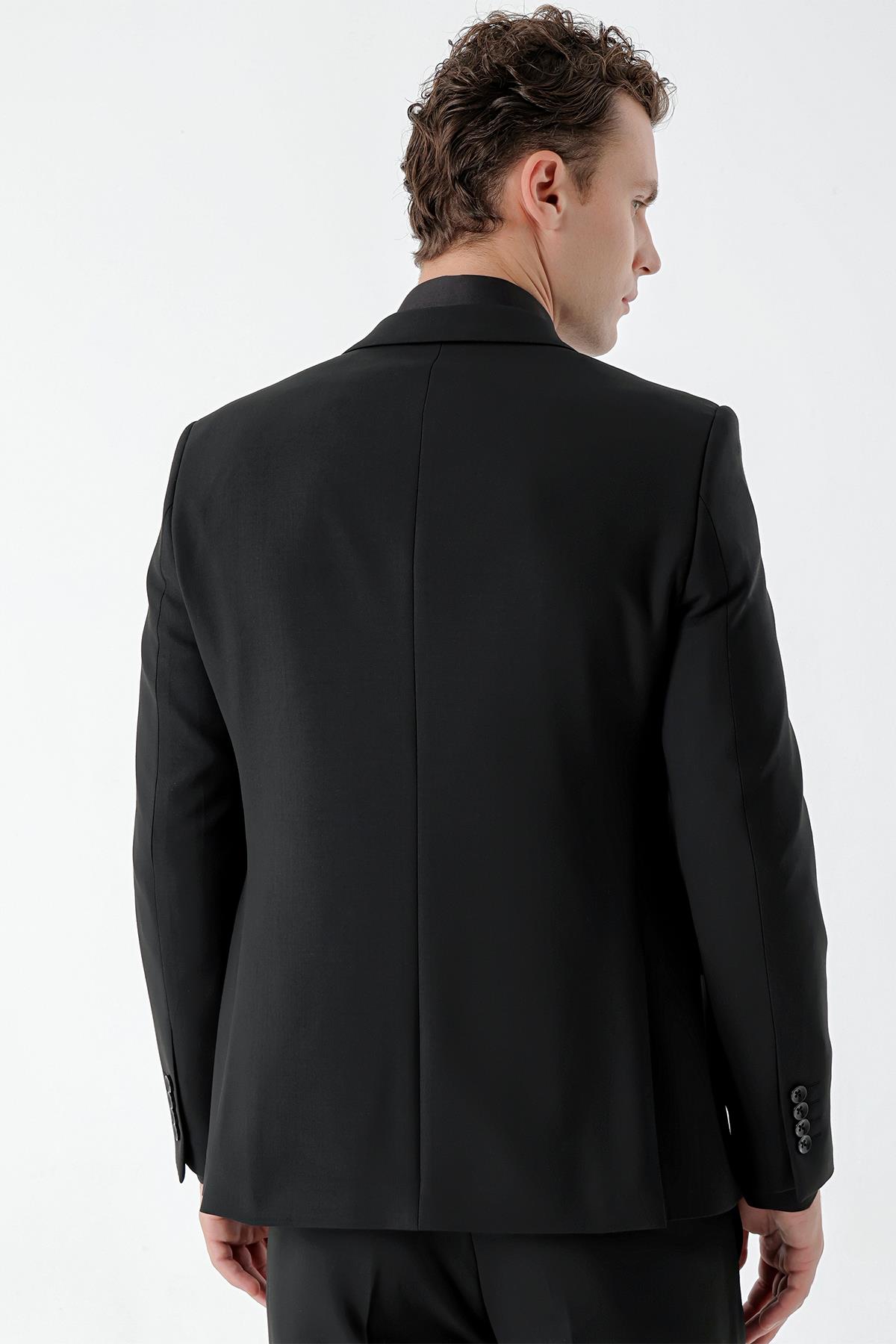 Erkek Siyah Basic Düz Slim Fit Takım Elbise (GÖMLEK,KRAVAT HEDİYE)