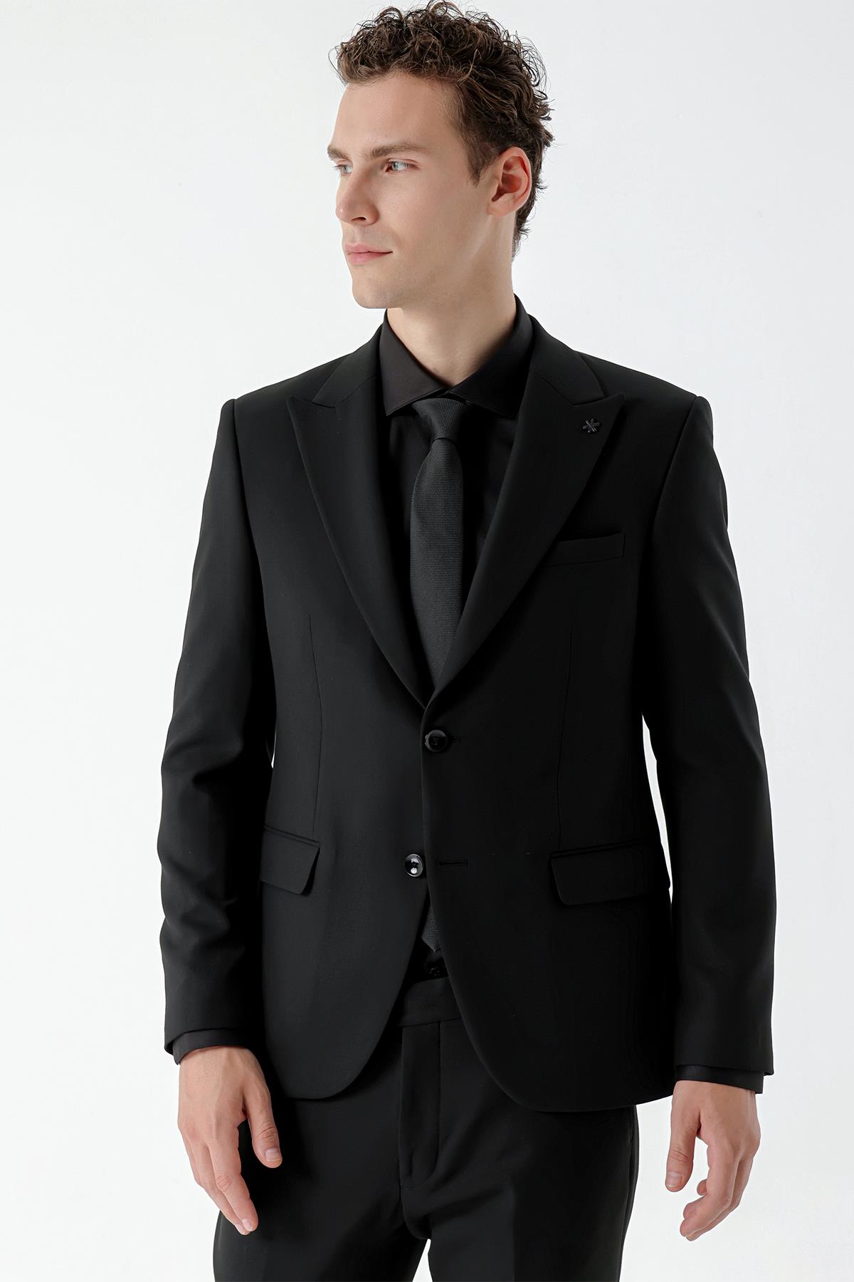 Erkek Siyah Basic Düz Slim Fit Takım Elbise (GÖMLEK,KRAVAT HEDİYE)