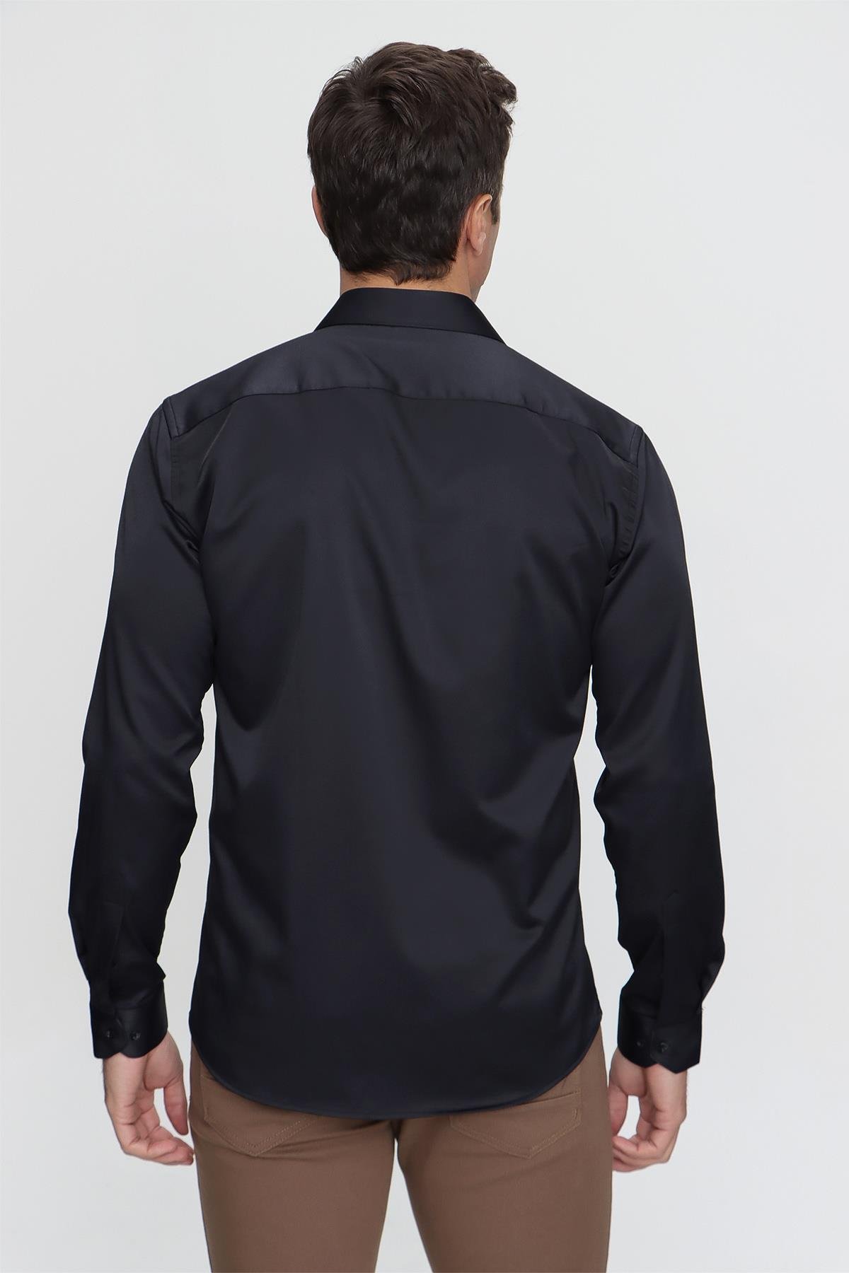 Erkek Siyah Slim Fit Dar Kesim Düz Sert Yaka Uzun Kollu Gömlek