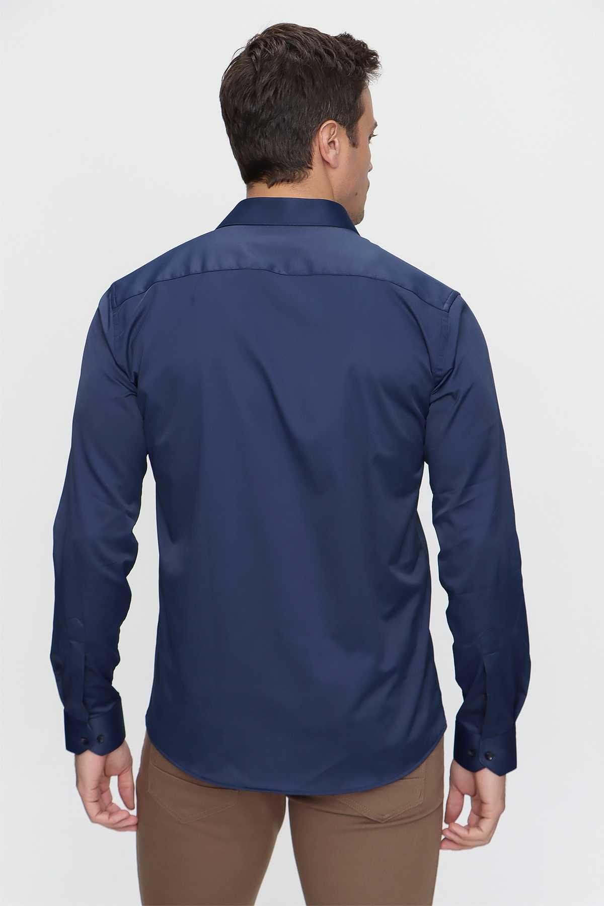 Lacivert Slim Fit Düz Sert Yaka Kolay Ütülenebilen HEDİYE KUTULU Uzun Kollu Erkek Gömlek