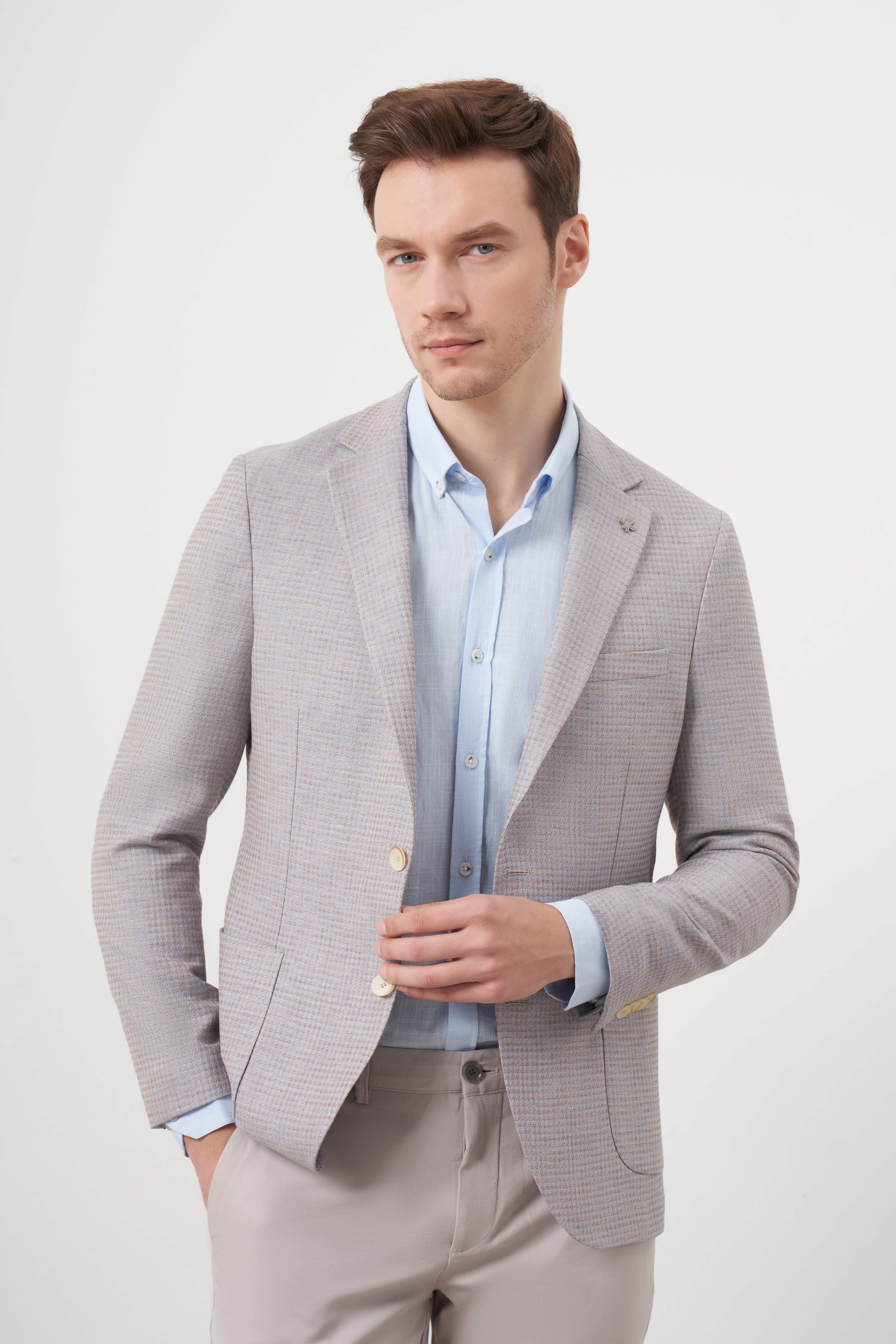 Morven Erkek A. MAVİ Dokuma Slim Fit Torba Cep Mono Yaka Spor Ceket