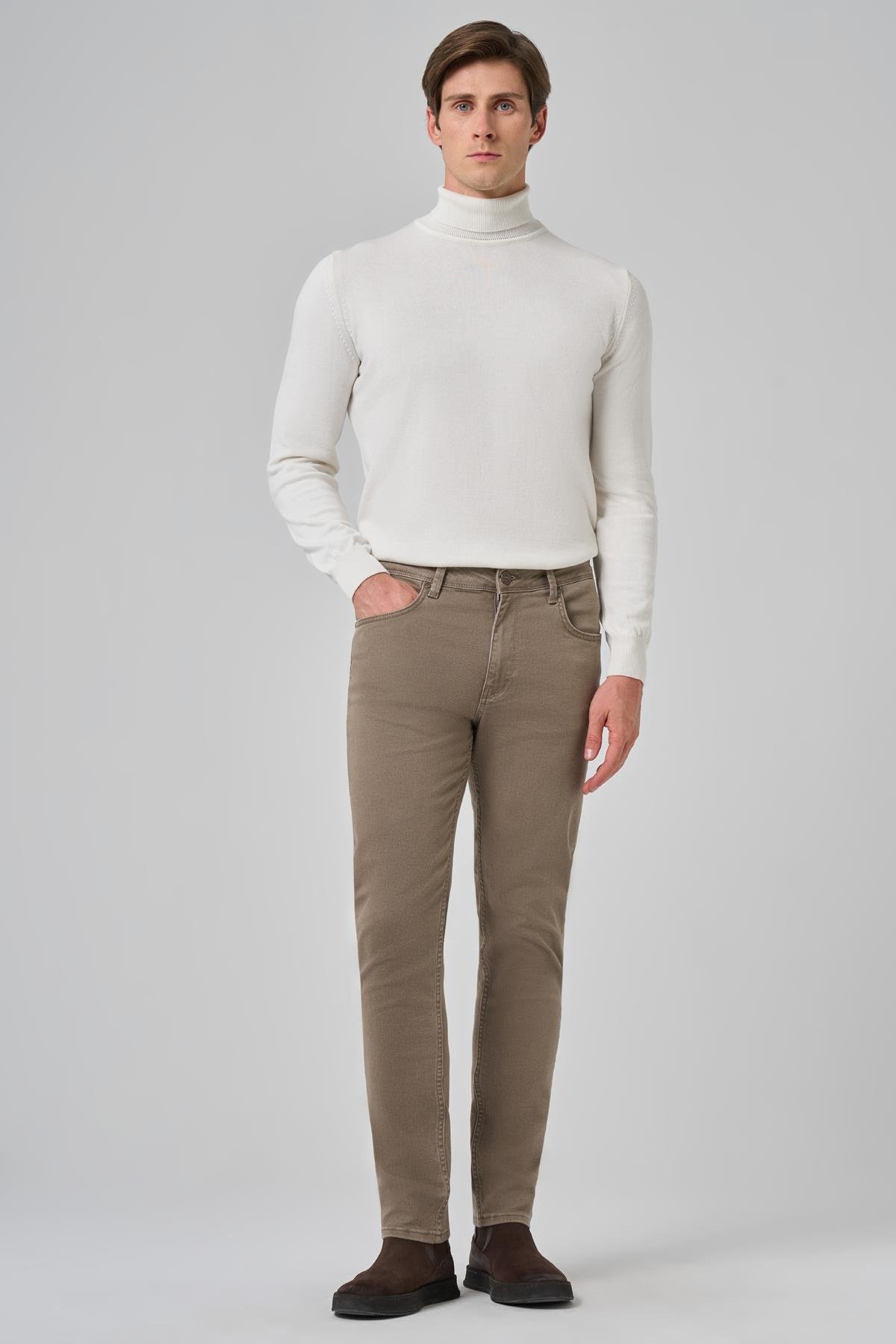 Morven Erkek Bej Denim 5 Cep Slim Fit Jean Kot Pantolon
