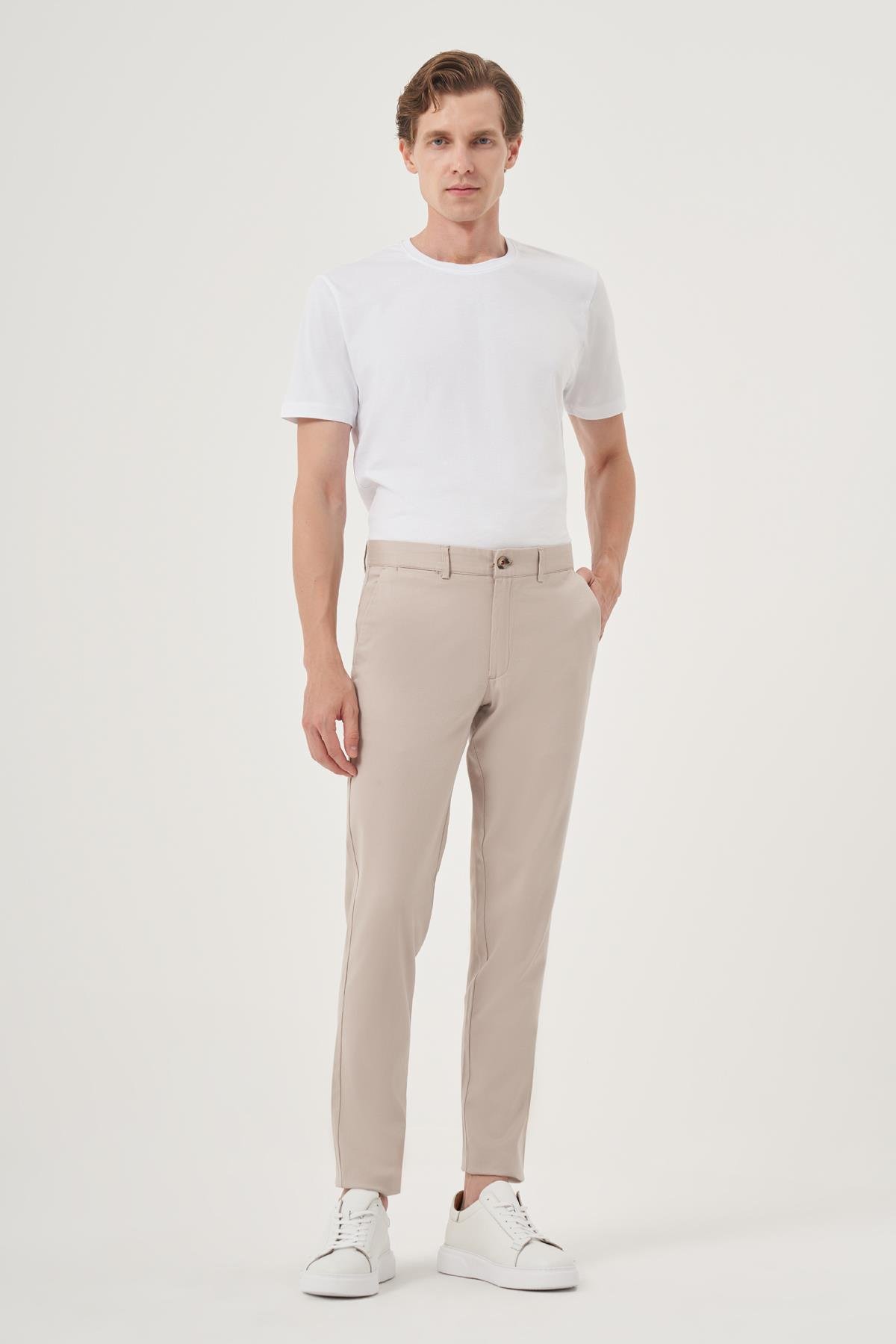 Morven Erkek Bej İhracat Yazlık Pamuk Yan Cep Slim Fit Chino Pantolon
