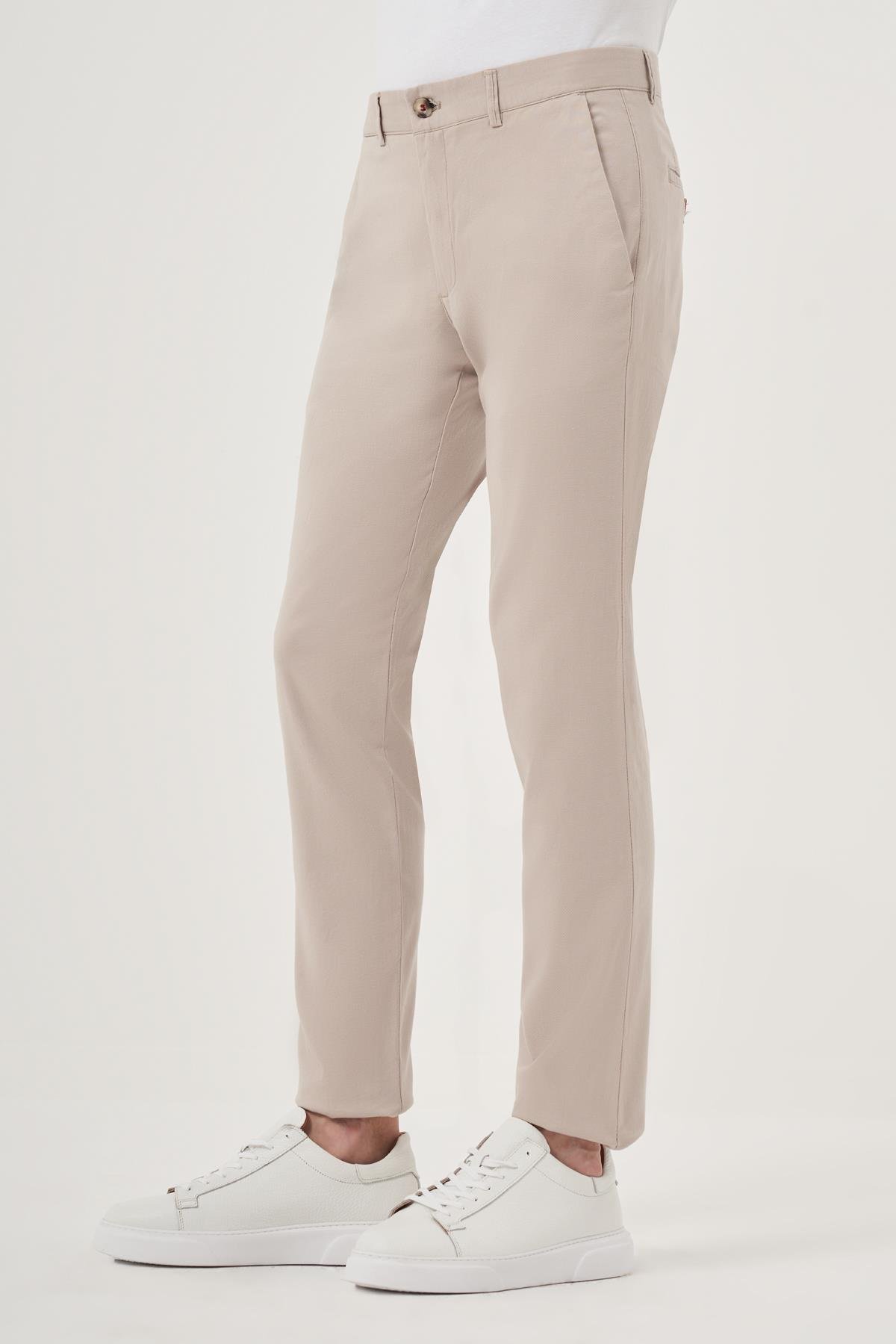 Morven Erkek Bej İhracat Yazlık Pamuk Yan Cep Slim Fit Chino Pantolon