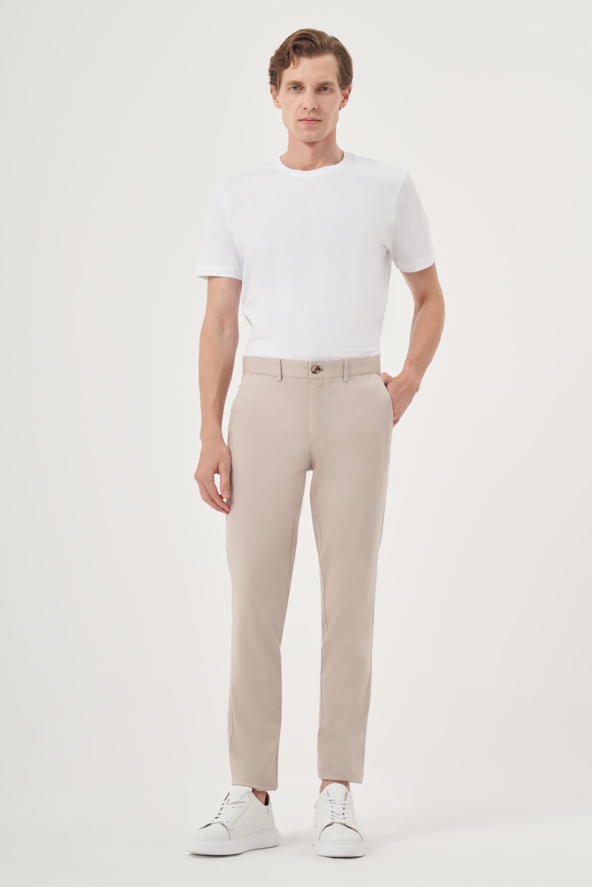 Morven Erkek Bej İhracat Yazlık Pamuk Yan Cep Slim Fit Chino Pantolon