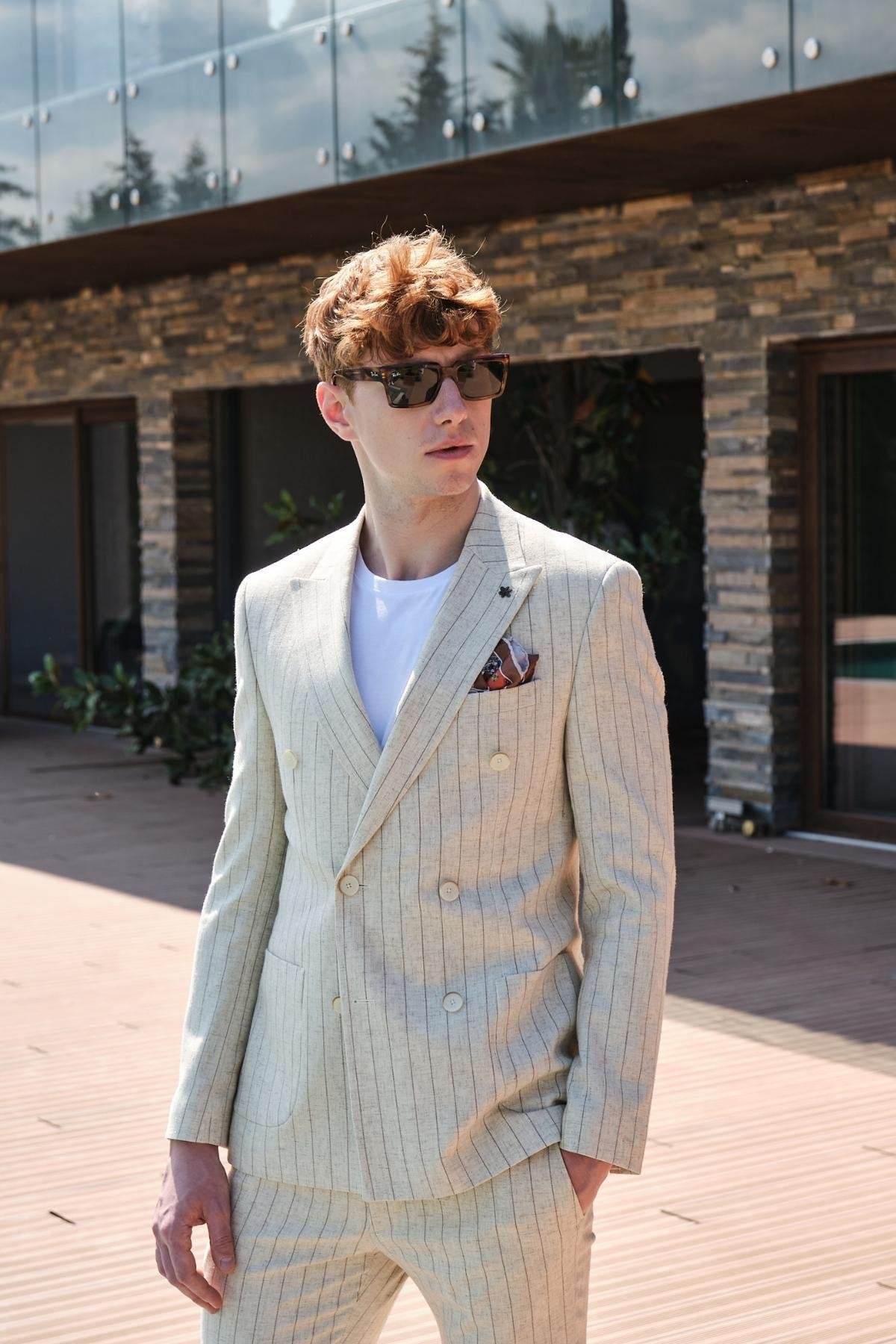 Morven Erkek Bej Keten Çizgilii Kruvaze Slim Fit Takım Elbise