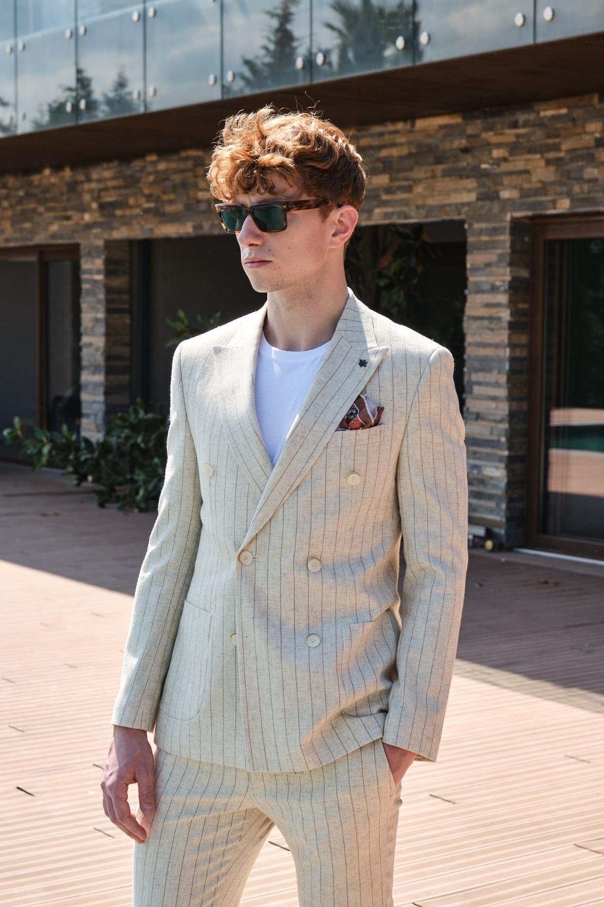 Morven Erkek Bej Keten Çizgilii Kruvaze Slim Fit Takım Elbise