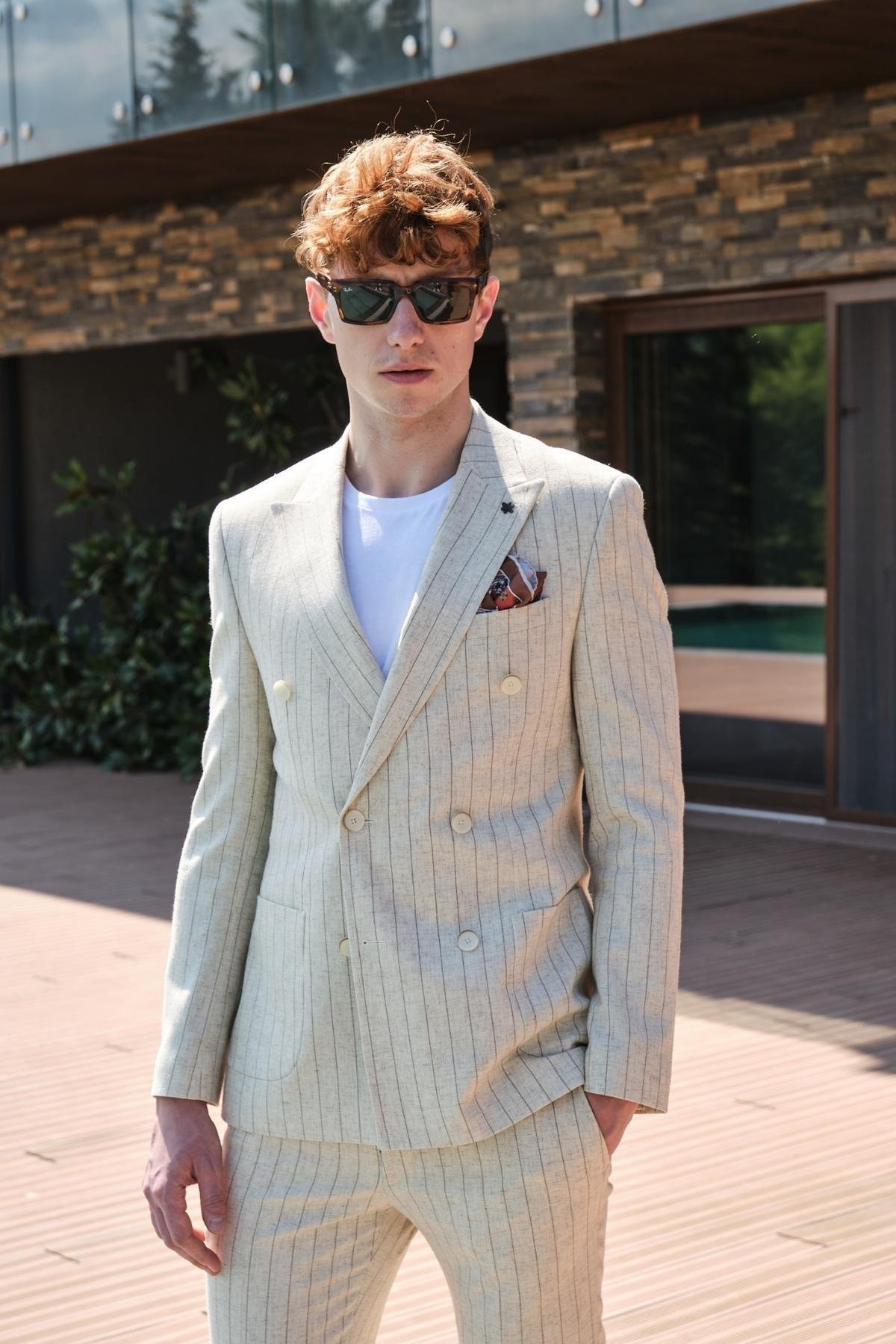 Morven Erkek Bej Keten Çizgilii Kruvaze Slim Fit Takım Elbise