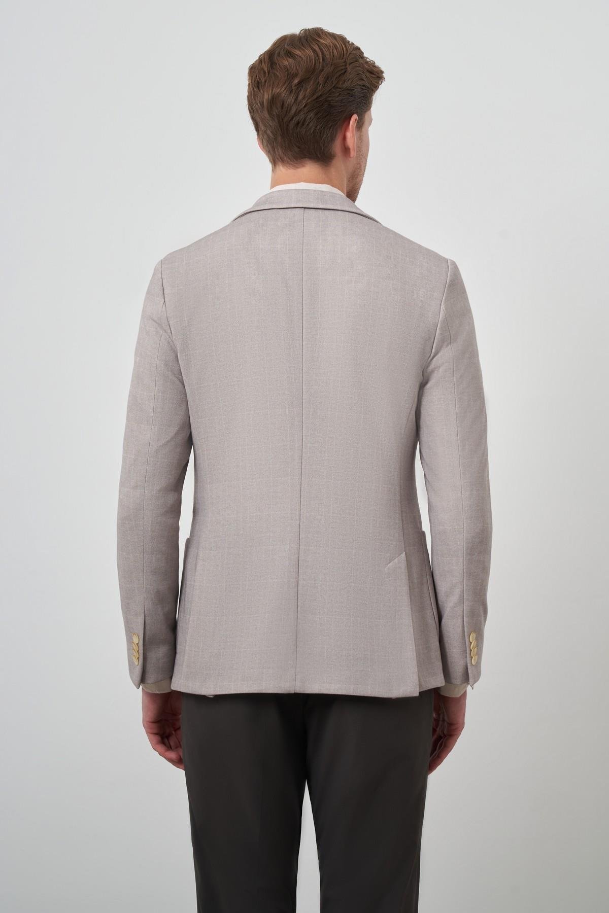 Morven Erkek Bej Örme Desenli Slim Fit Mono Yaka Ceket