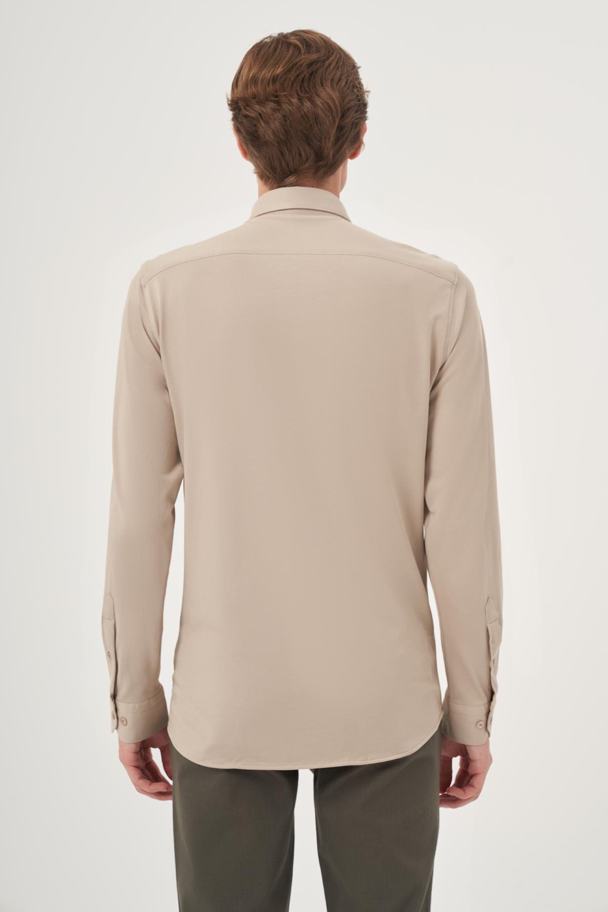 Morven Erkek Bej Örme Slim Fit Düğmeli Yaka Gömlek