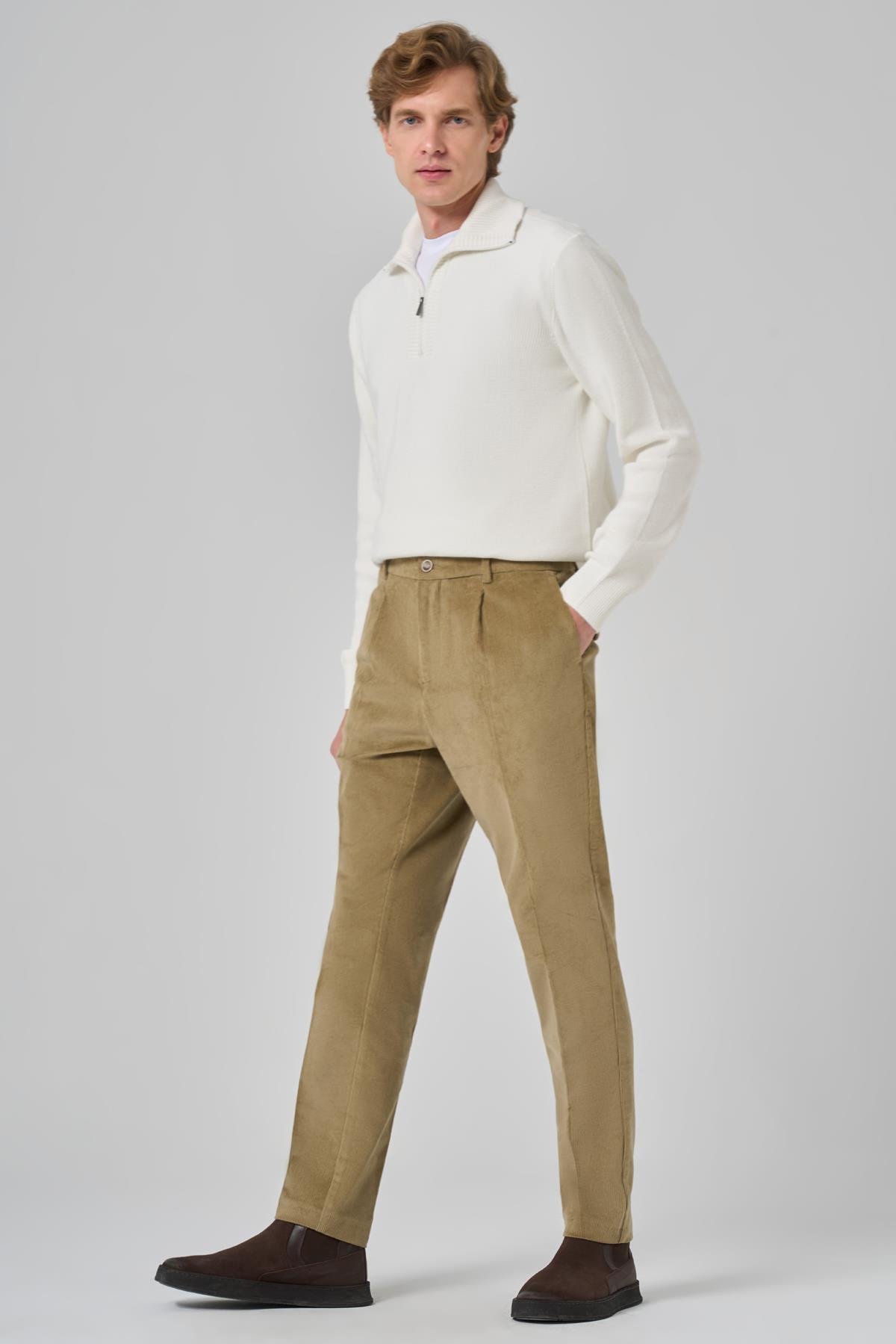Morven Erkek Bej Pamuk Trend Fitilli Kadife Lastikli Slim Fit Pantolon