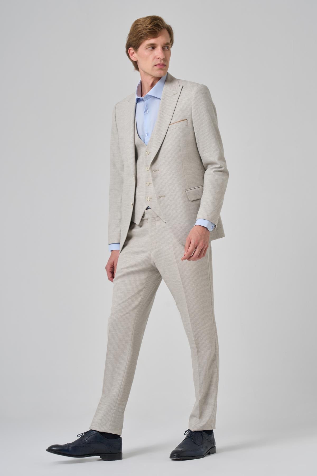 Morven Erkek Bej Poliviskon Trend Yelekli Çizgili Desen Slim Fit  Sivri Yaka Takım Elbise