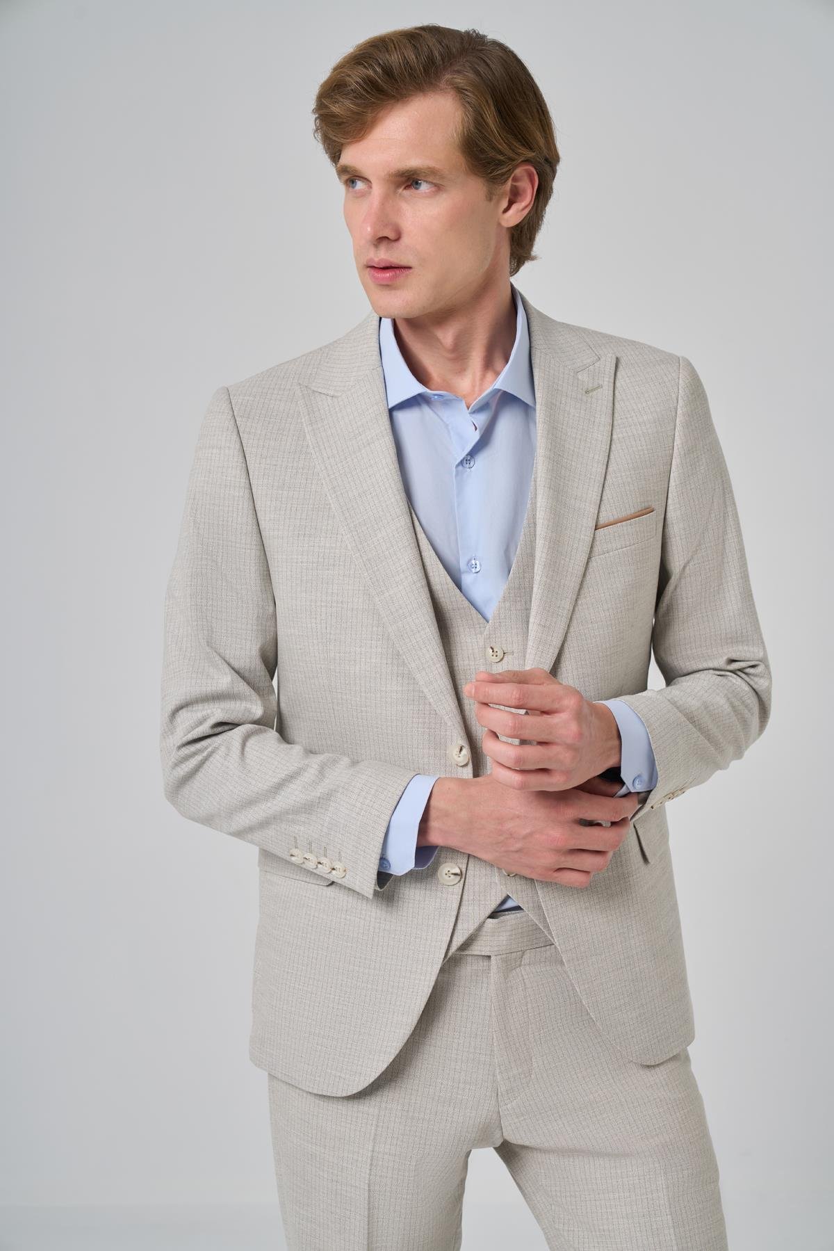 Morven Erkek Bej Poliviskon Trend Yelekli Çizgili Desen Slim Fit  Sivri Yaka Takım Elbise