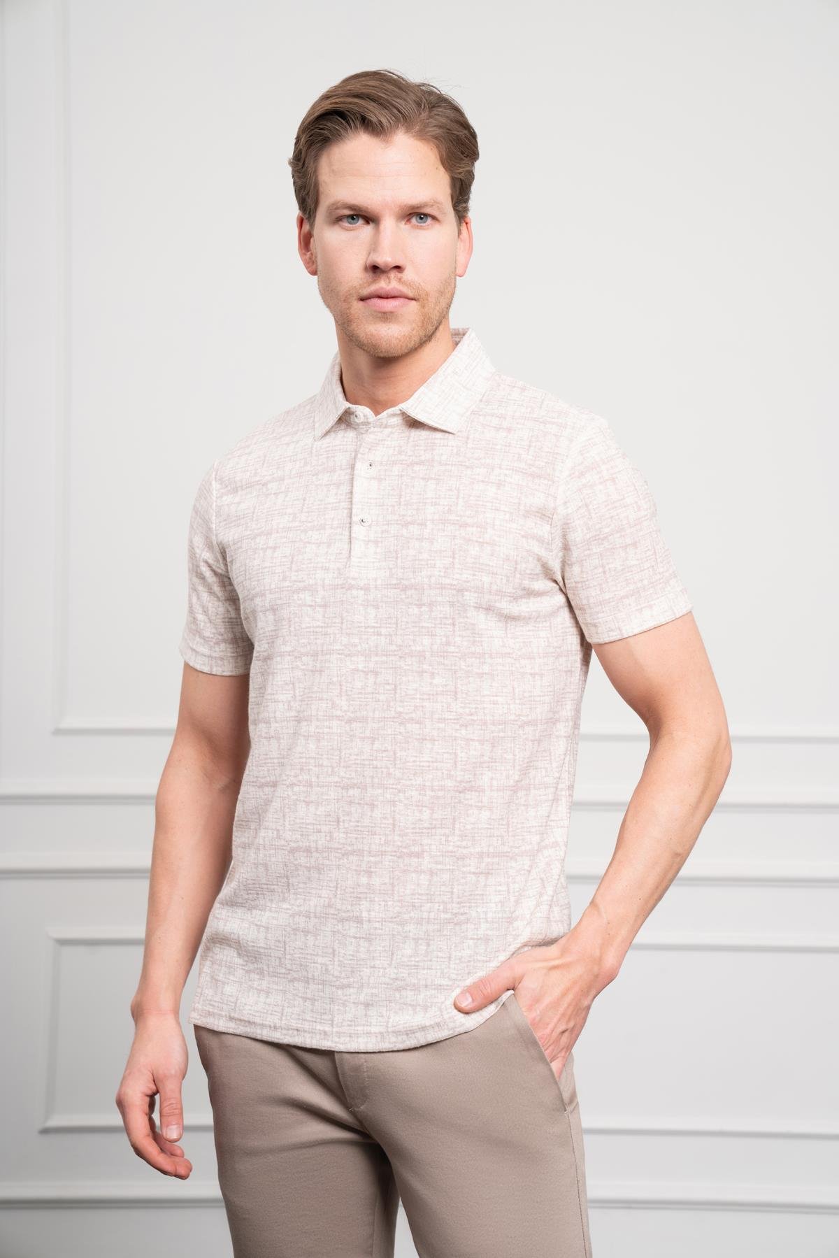 Morven Erkek Bej Trend Polo Yaka Desenli Dynamic Fit Rahat Kesim T-Shirt