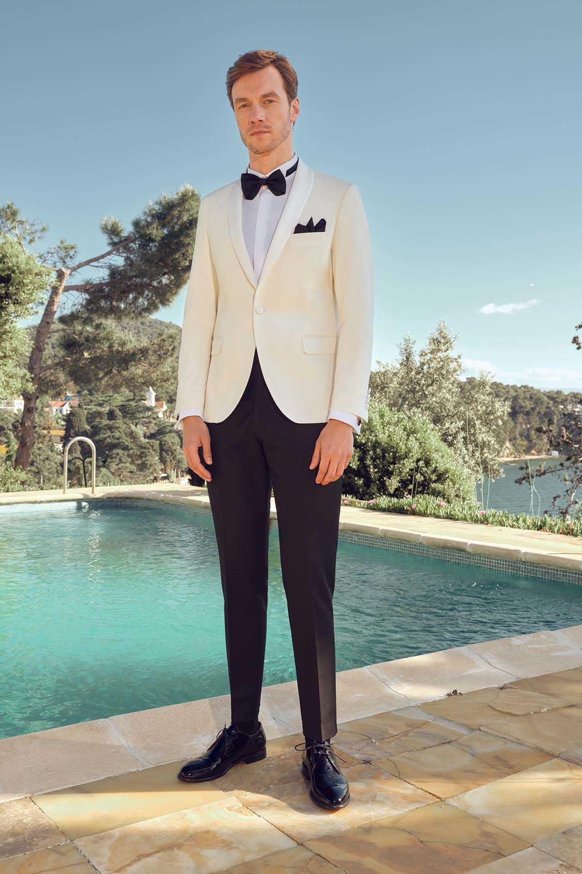 Morven Erkek Beyaz Cello Slim Fit Şal Yaka Damatlık