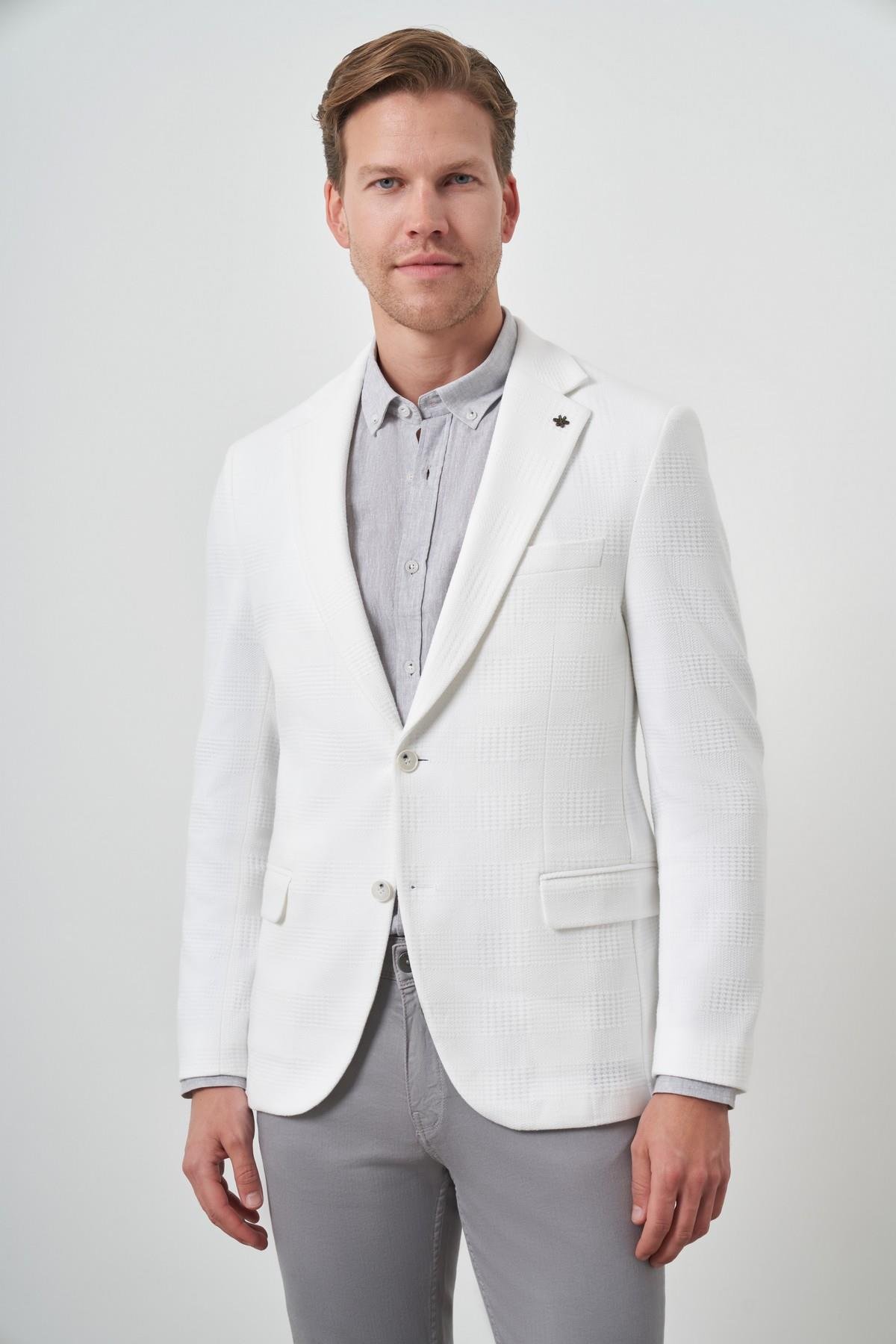 Morven Erkek Beyaz Örme Desenli Mono Yaka Slim Fit Ceket
