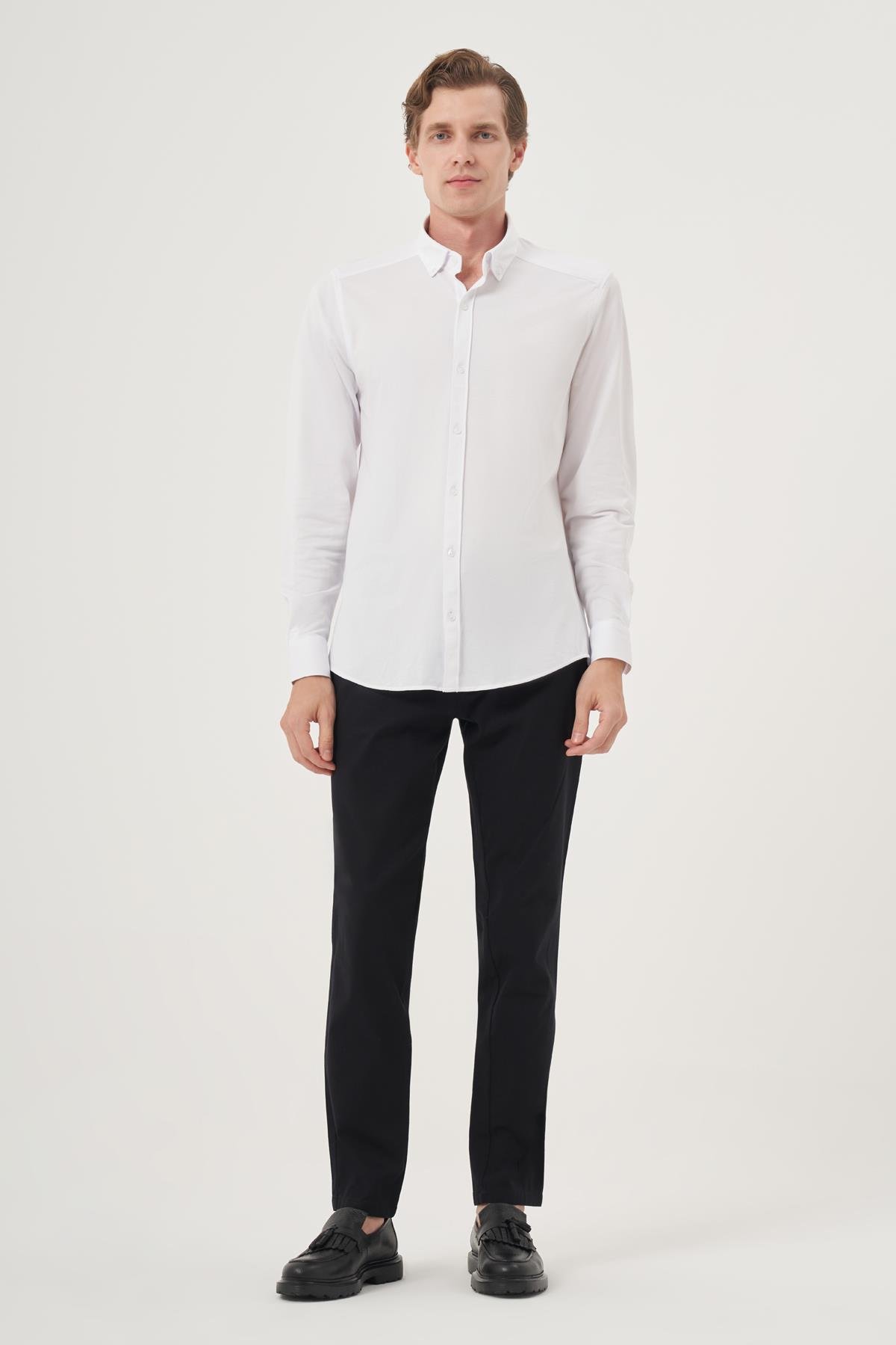 Morven Erkek Beyaz Örme Slim Fit Düğmeli Yaka Gömlek