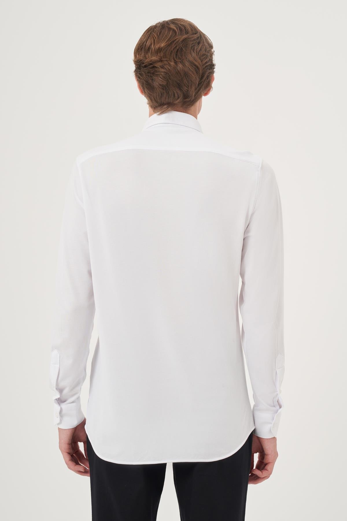 Morven Erkek Beyaz Örme Slim Fit Düğmeli Yaka Gömlek