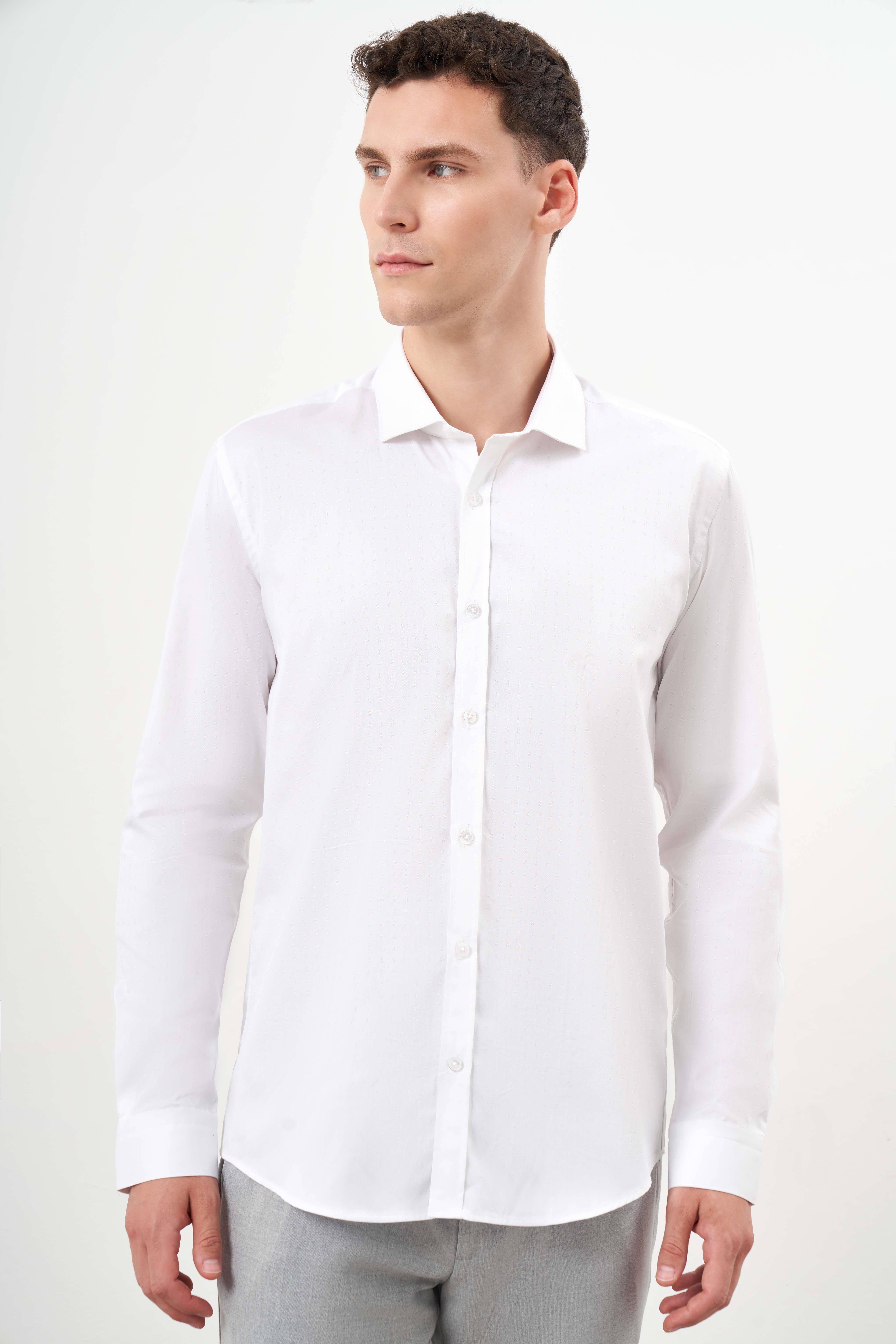Morven Erkek Beyaz Pamuk Baskılı Desenli  İtalyan Yaka Slim Fit Gömlek