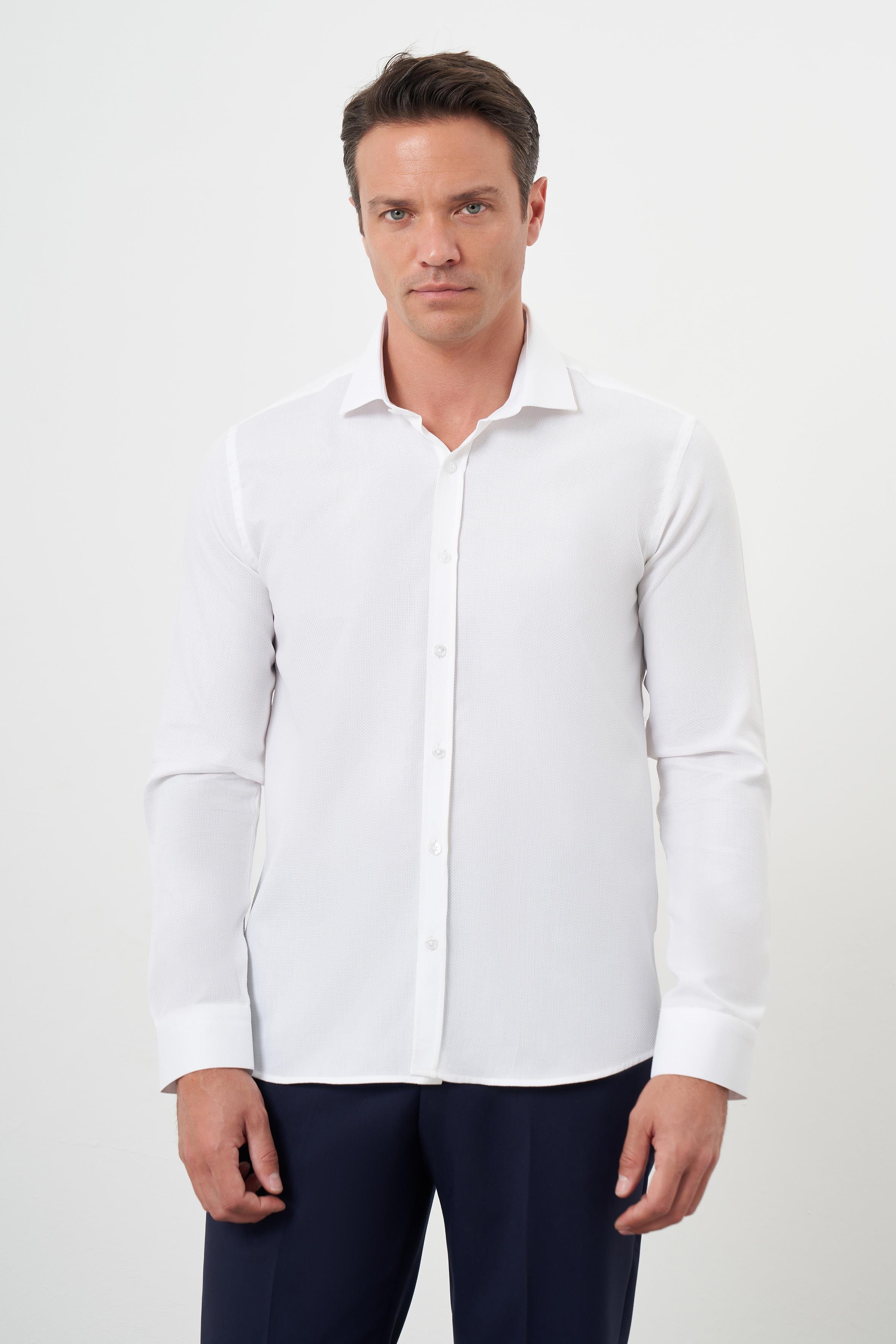 Morven Erkek Beyaz Pamuk Baskılı Desenli  İtalyan Yaka Slim Fit Gömlek