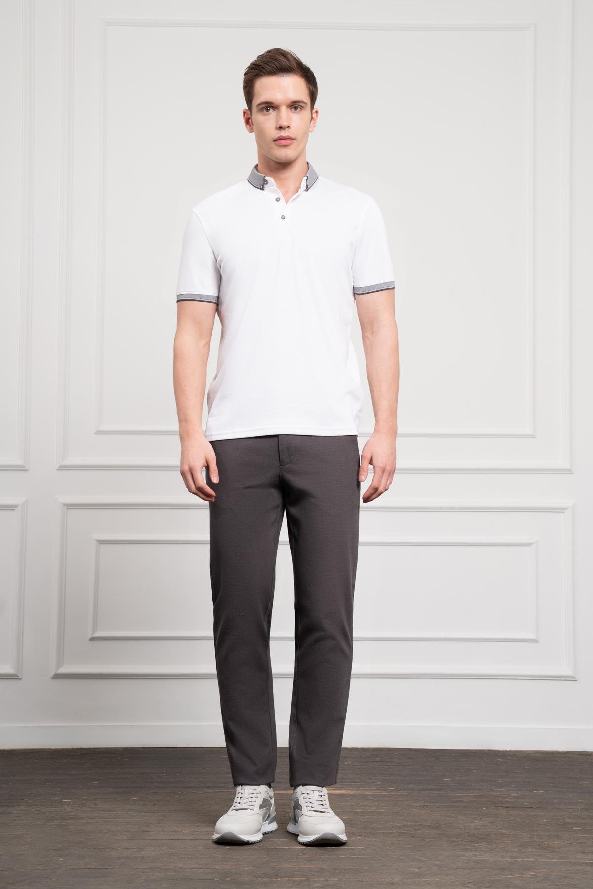 Morven Erkek Beyaz Trend Merserize Düz Düğmeli Yaka Dynamic Fit T-Shirt