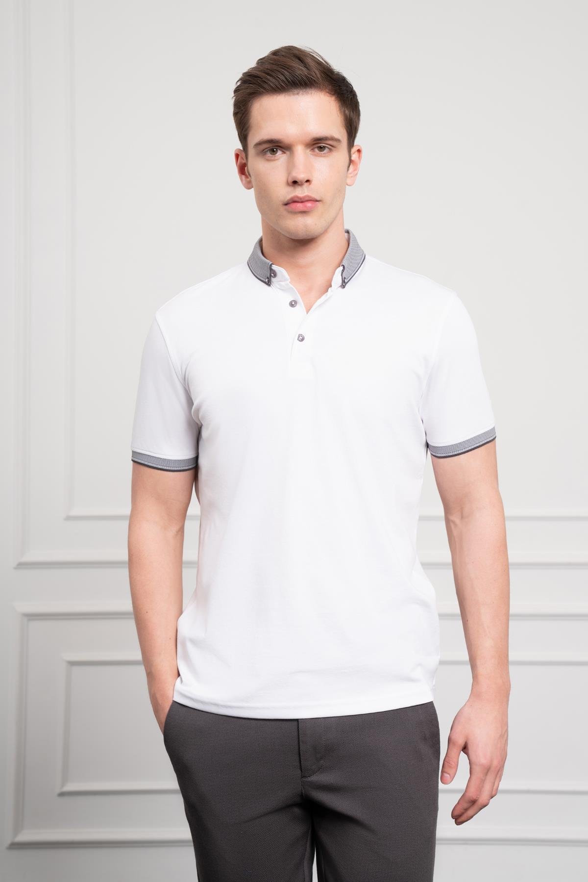 Morven Erkek Beyaz Trend Merserize Düz Düğmeli Yaka Dynamic Fit T-Shirt