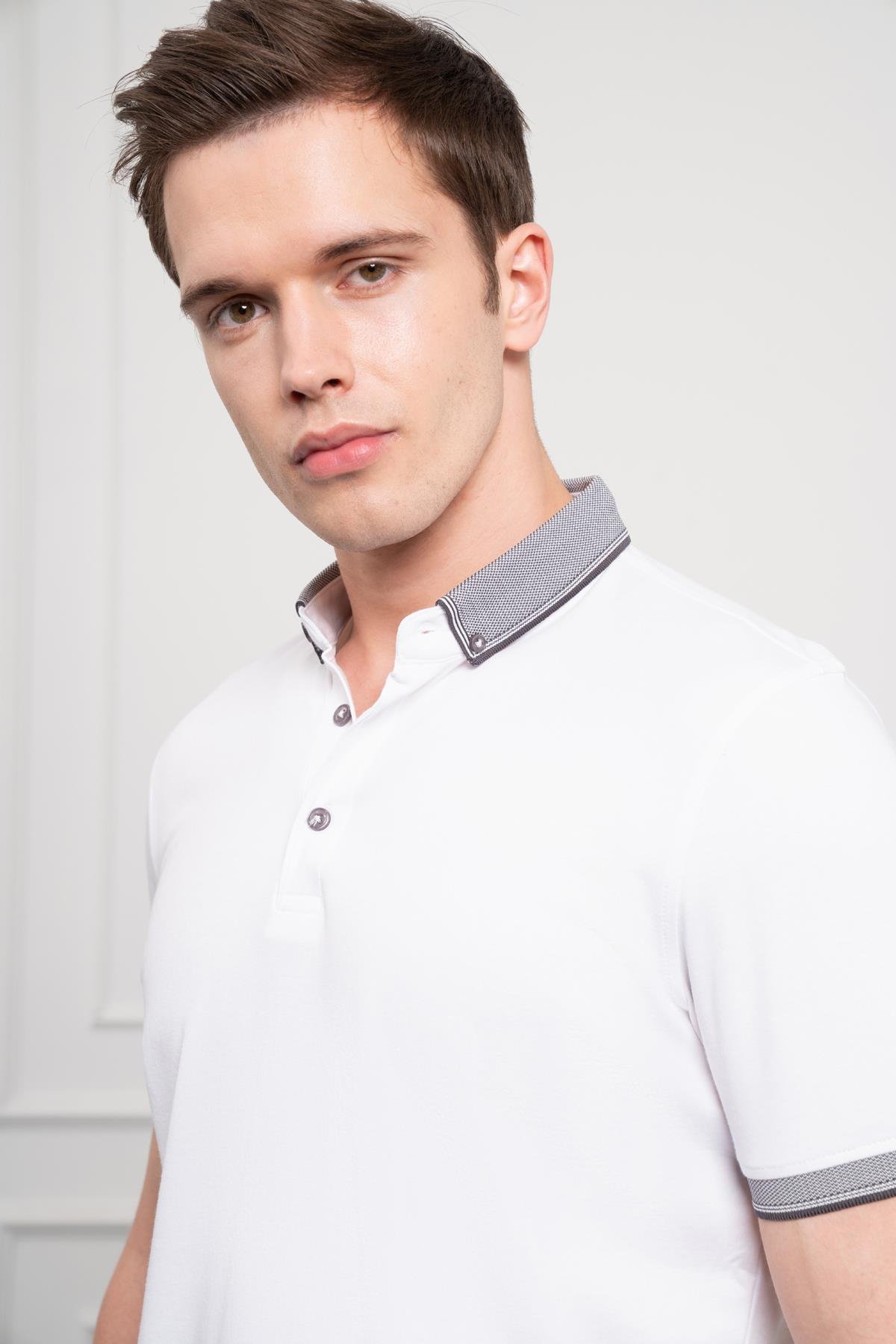 Morven Erkek Beyaz Trend Merserize Düz Düğmeli Yaka Dynamic Fit T-Shirt