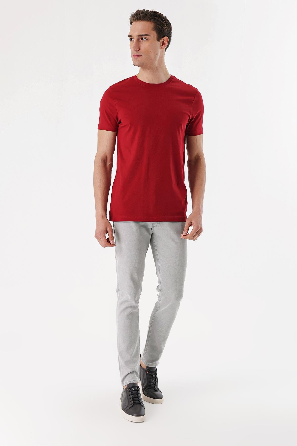 Morven Erkek Bordo Basic Düz %100 Pamuk Bisiklet Yaka Dynamic Fit Rahat Kesim Kısa Kollu Tişört