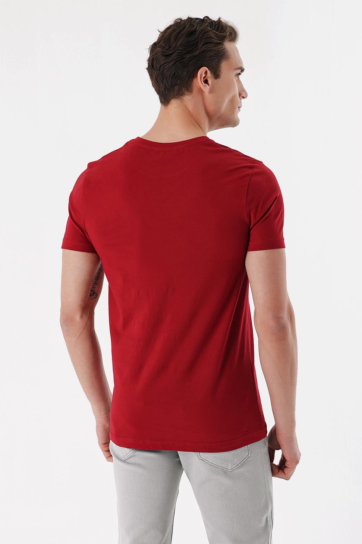 Morven Erkek Bordo Basic Düz %100 Pamuk Bisiklet Yaka Dynamic Fit Rahat Kesim Kısa Kollu Tişört