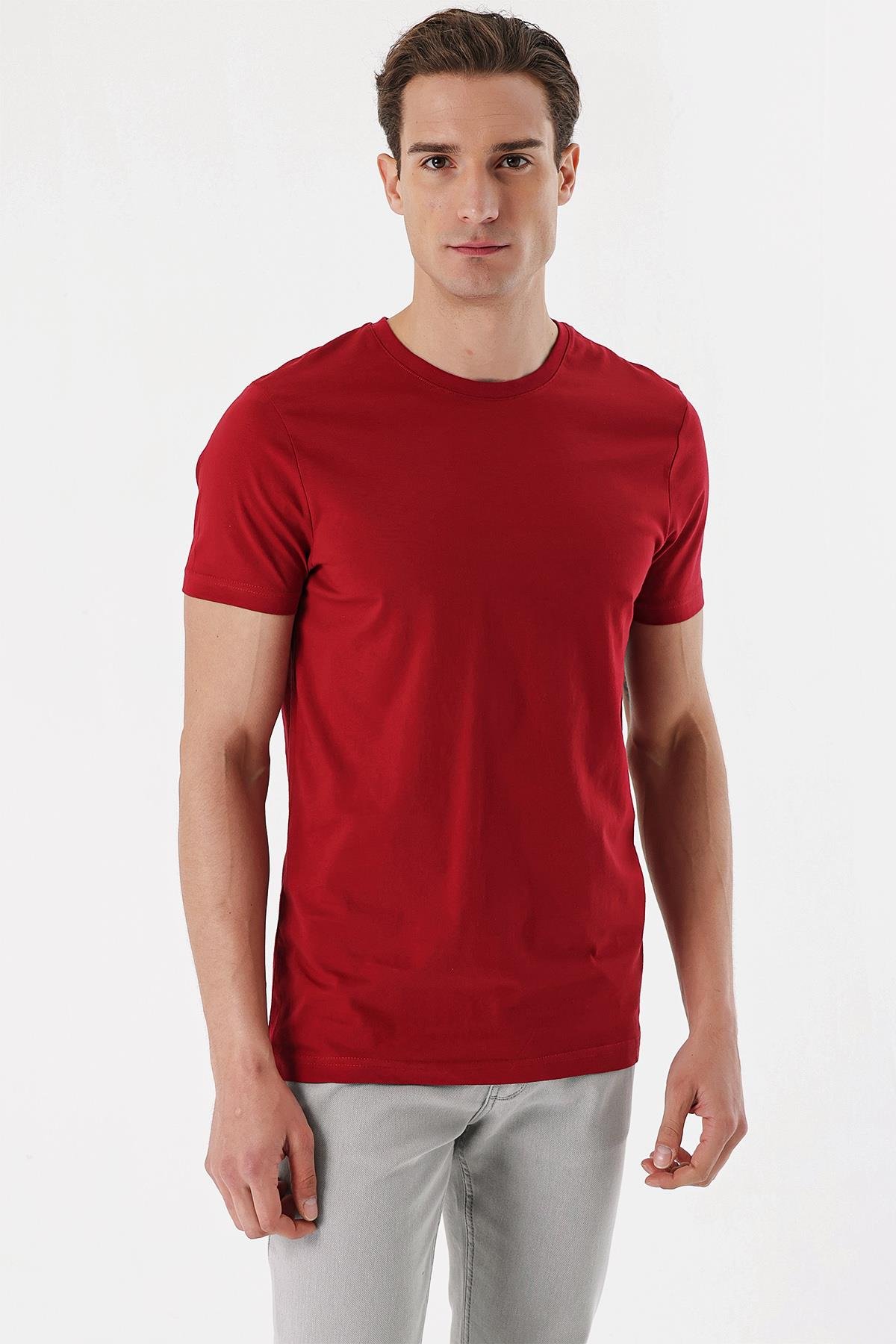 Morven Erkek Bordo Basic Düz %100 Pamuk Bisiklet Yaka Dynamic Fit Rahat Kesim Kısa Kollu Tişört